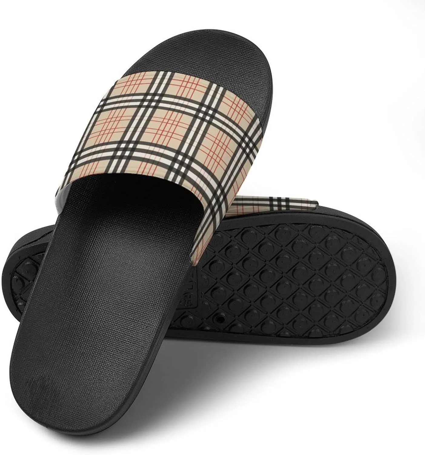 Beige Plaid Tartan Checkered Womens Slide Sandals Non Slip Summer House Slippers for Girls Slip-on Flip Flops
