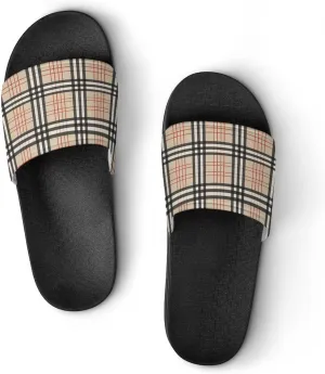 Beige Plaid Tartan Checkered Womens Slide Sandals Non Slip Summer House Slippers for Girls Slip-on Flip Flops