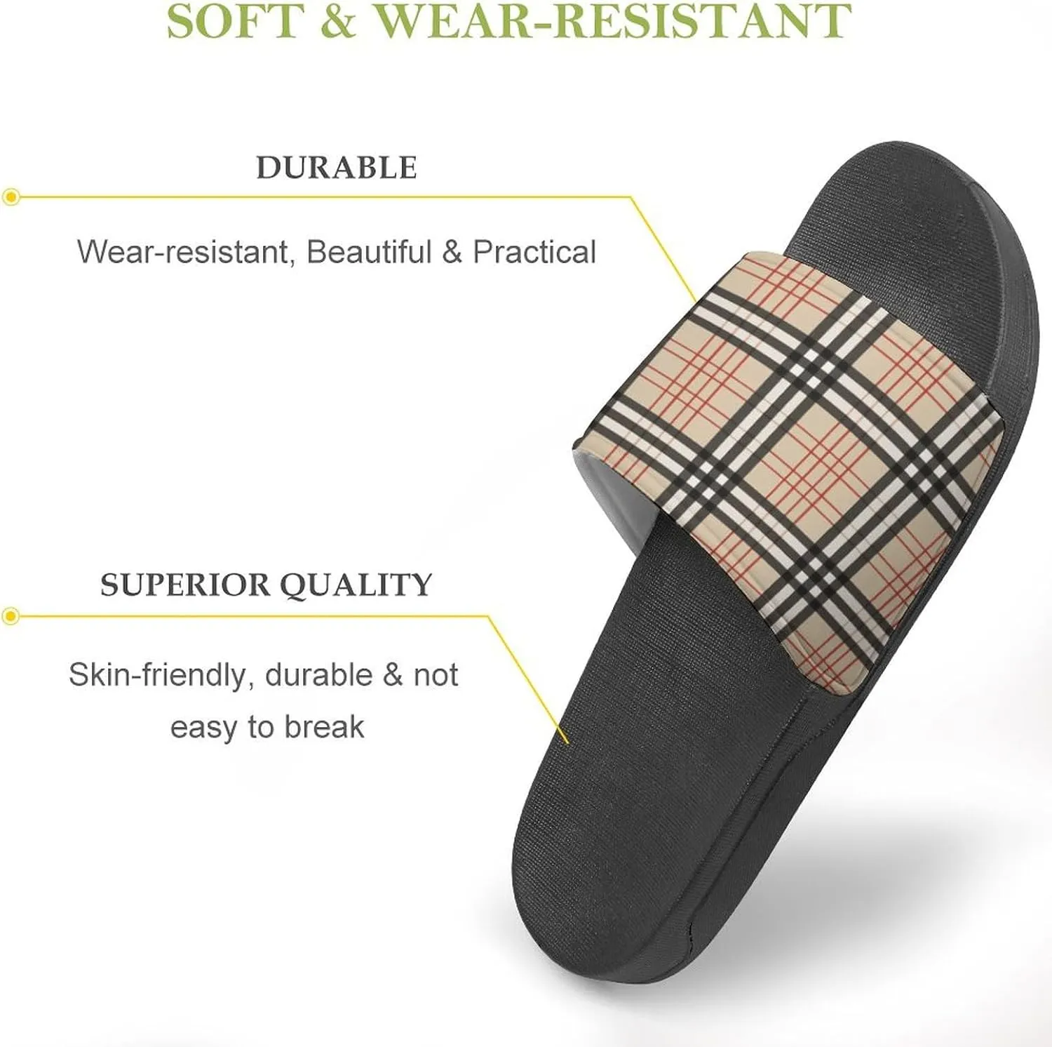 Beige Plaid Tartan Checkered Womens Slide Sandals Non Slip Summer House Slippers for Girls Slip-on Flip Flops