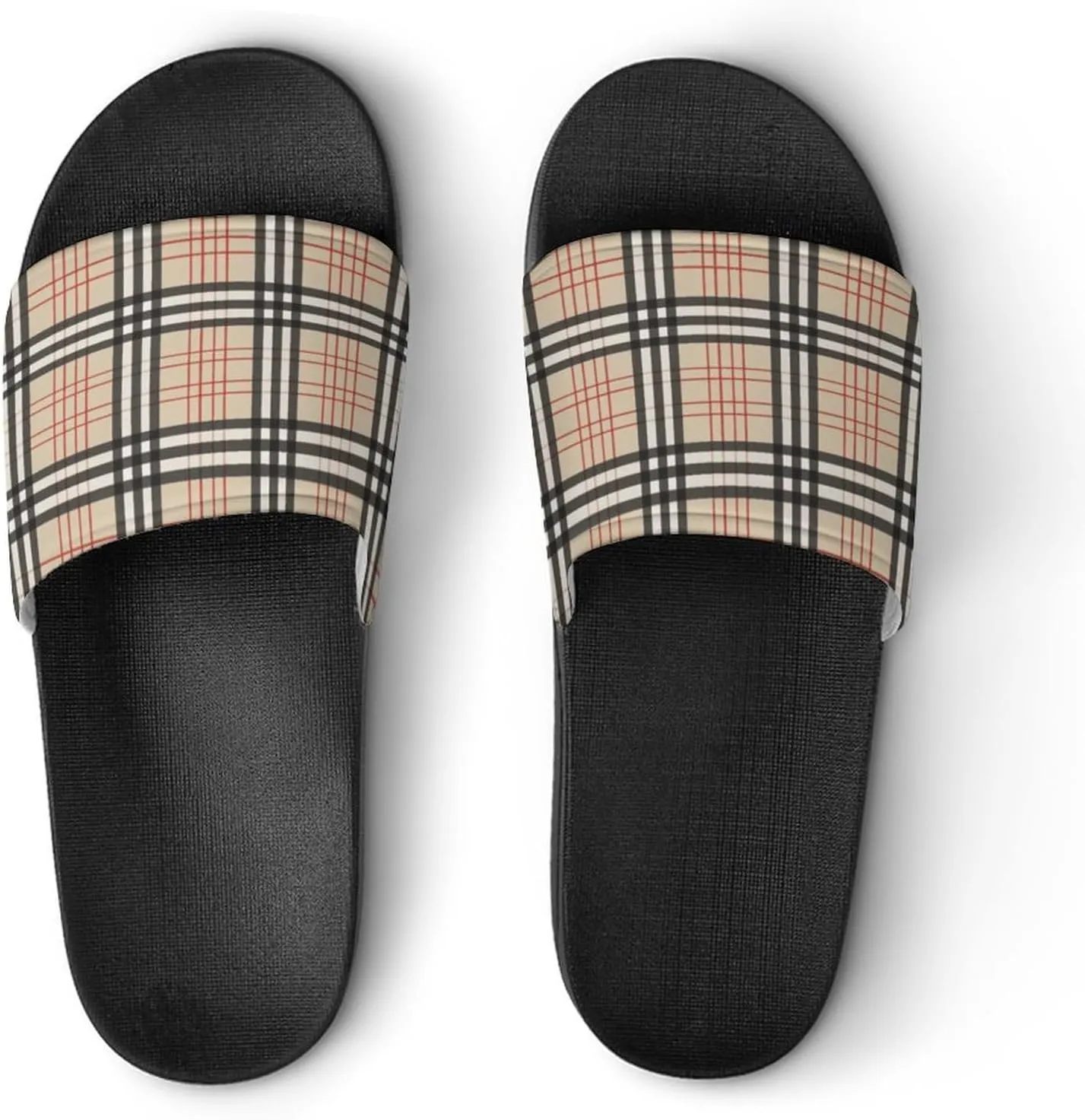 Beige Plaid Tartan Checkered Womens Slide Sandals Non Slip Summer House Slippers for Girls Slip-on Flip Flops