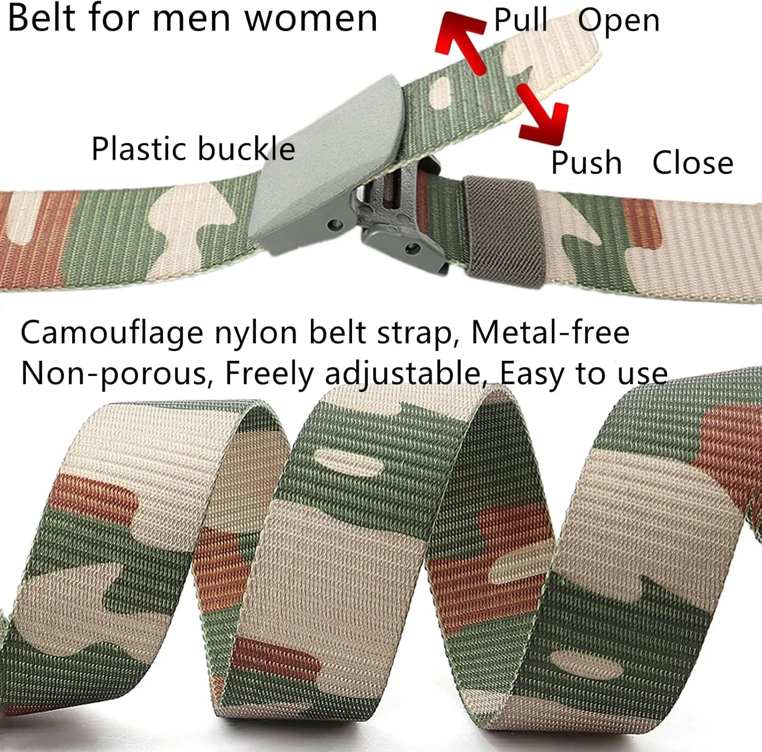 Belts for men women tactical camouflage nylon webbing belt with plastic buckle plus size up to 71", 2 Pcs