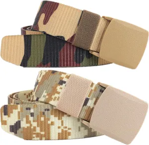 Belts for men women tactical camouflage nylon webbing belt with plastic buckle plus size up to 71", 2 Pcs