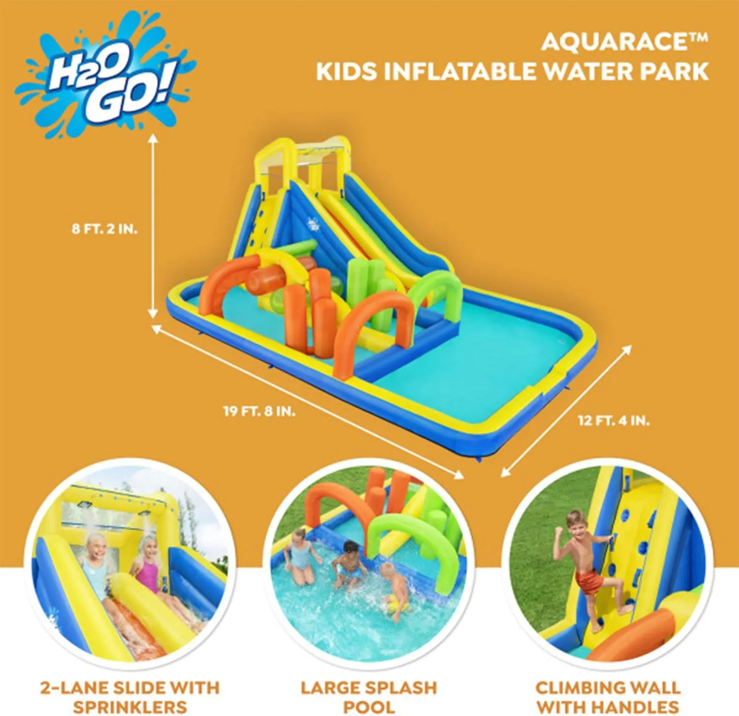 Bestway H2OGO! AquaRace Kids Inflatable Outdoor Water Park with Dual Slides, Built-in Sprayer, Splash Pool, Storage Bag, & Air Blower for Quick Setup