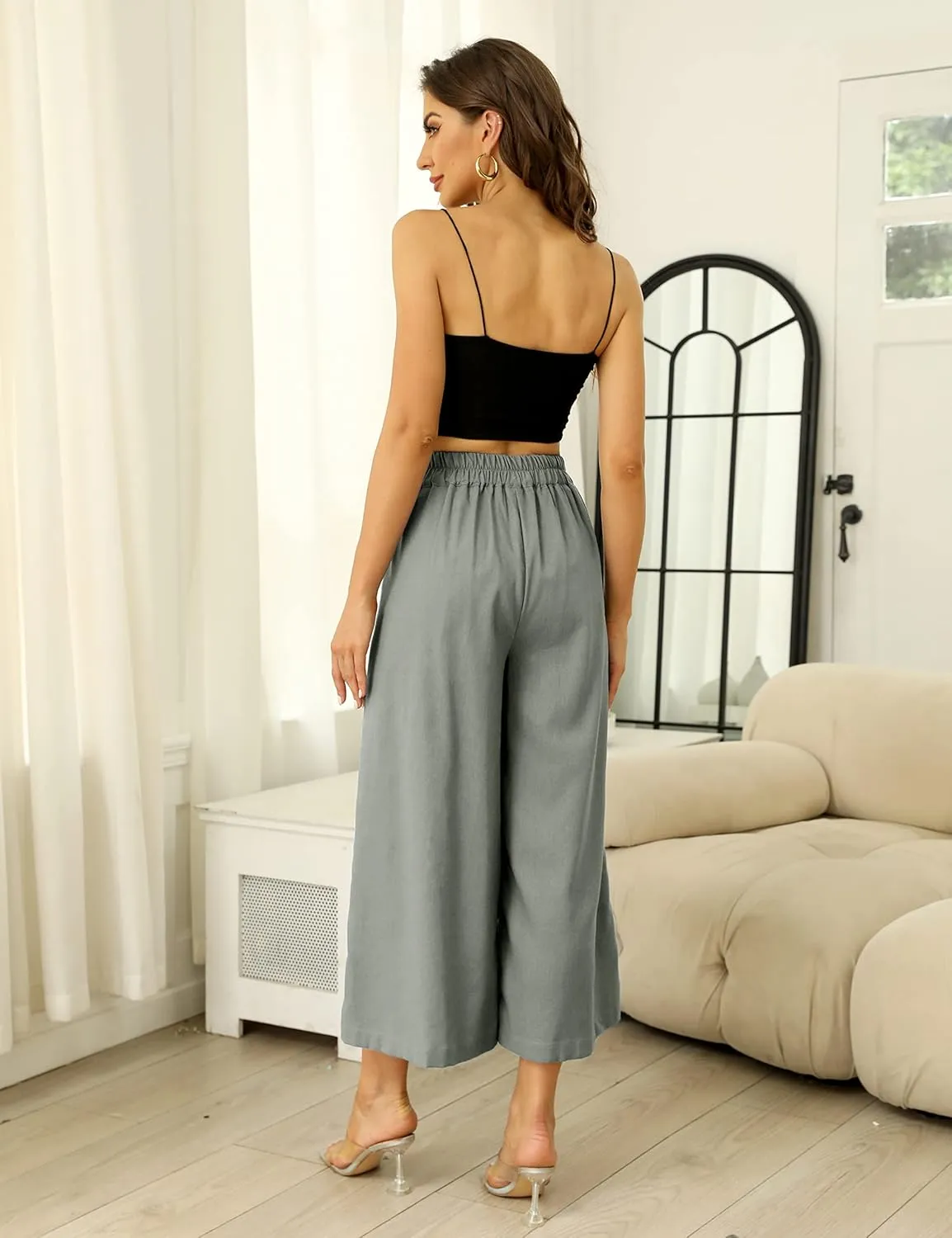 Bianstore Women's Culottes Linen Cropped Wide Leg Pants Elastic Waist Casual Palazzo Trousers with Pockets