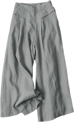 Bianstore Women's Culottes Linen Cropped Wide Leg Pants Elastic Waist Casual Palazzo Trousers with Pockets
