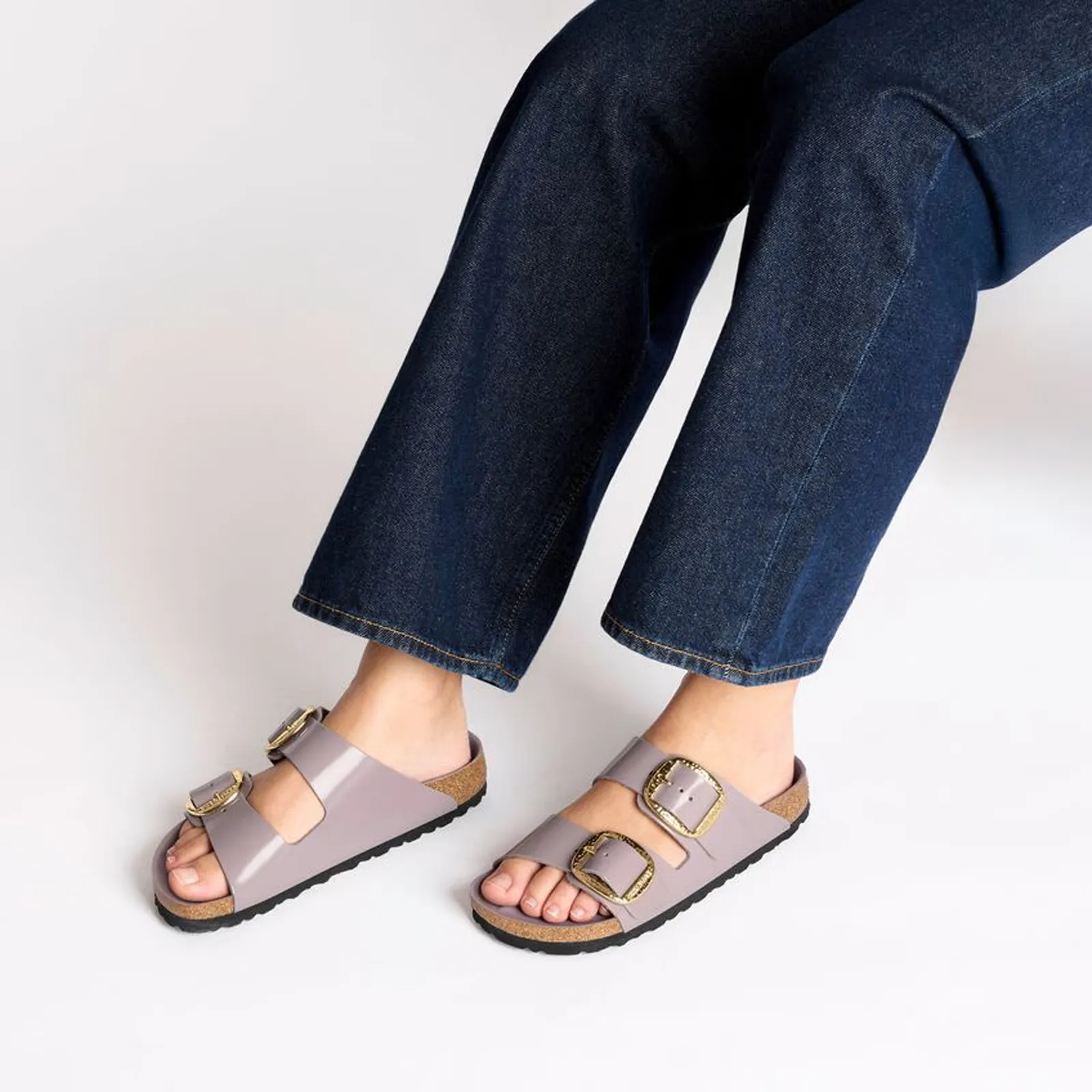 Birkenstock Arizona Hammered Big Buckle Narrow Slide Sandal (Women) - High Shine Faded Purple Leather