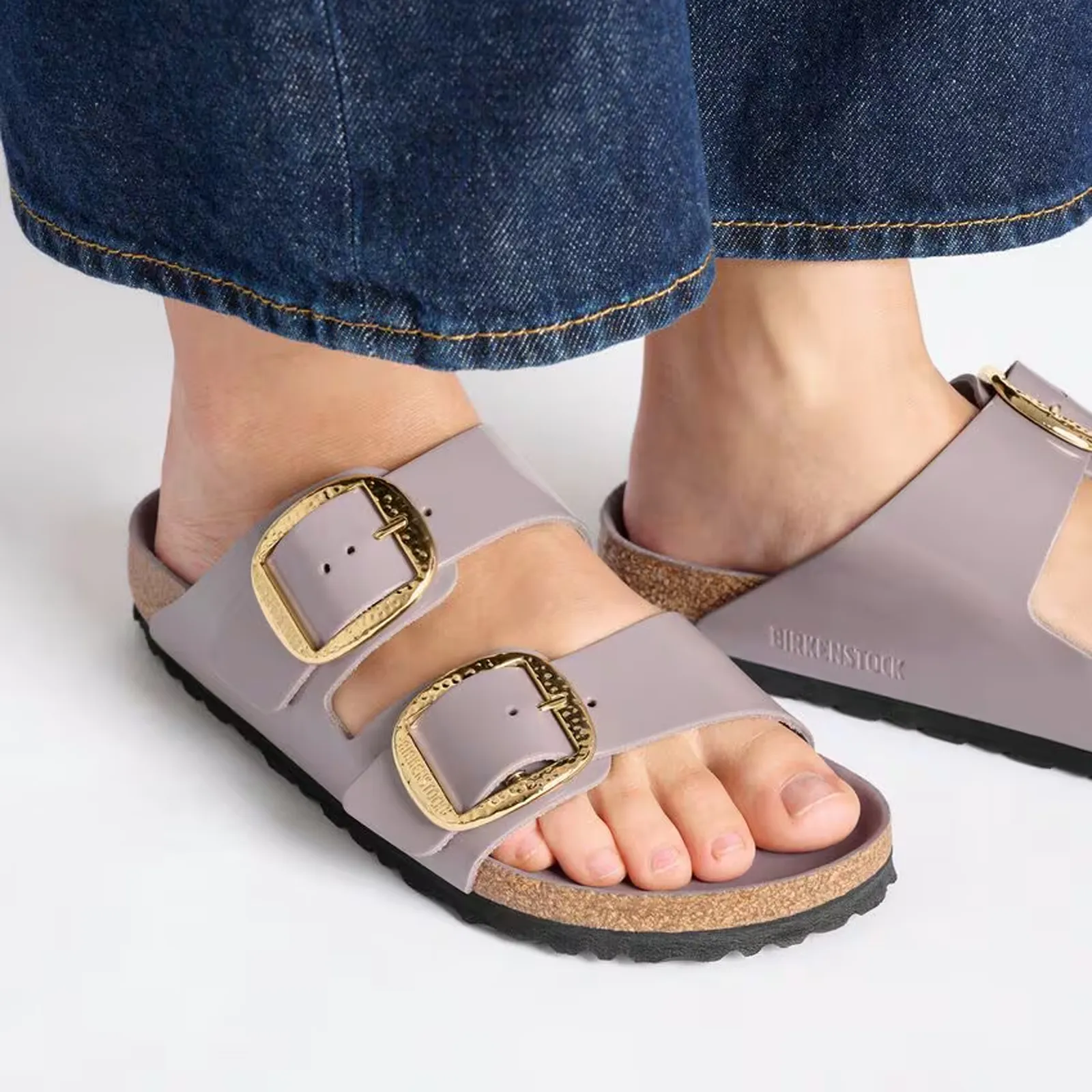 Birkenstock Arizona Hammered Big Buckle Narrow Slide Sandal (Women) - High Shine Faded Purple Leather