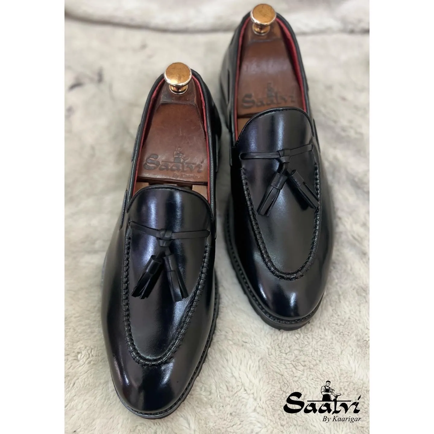 Black Leather Chunky Tassel Loafers