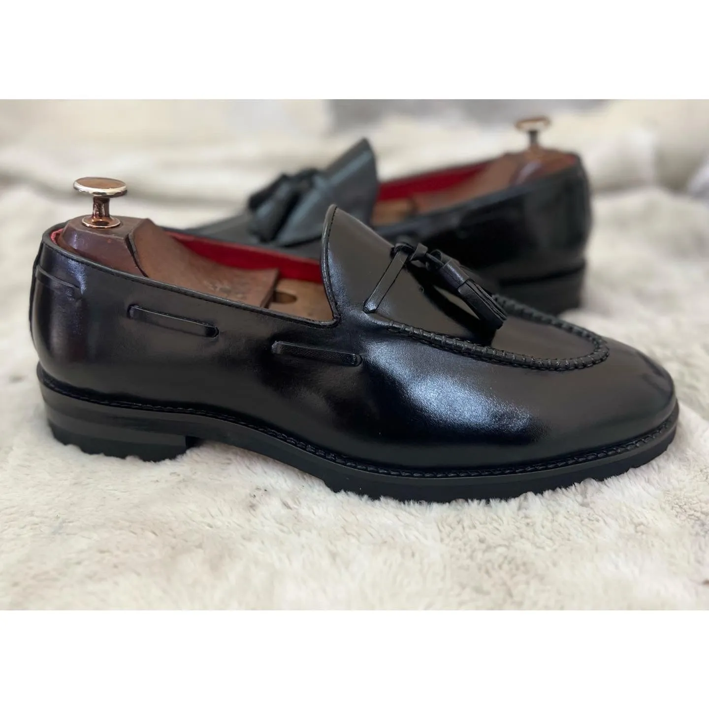 Black Leather Chunky Tassel Loafers