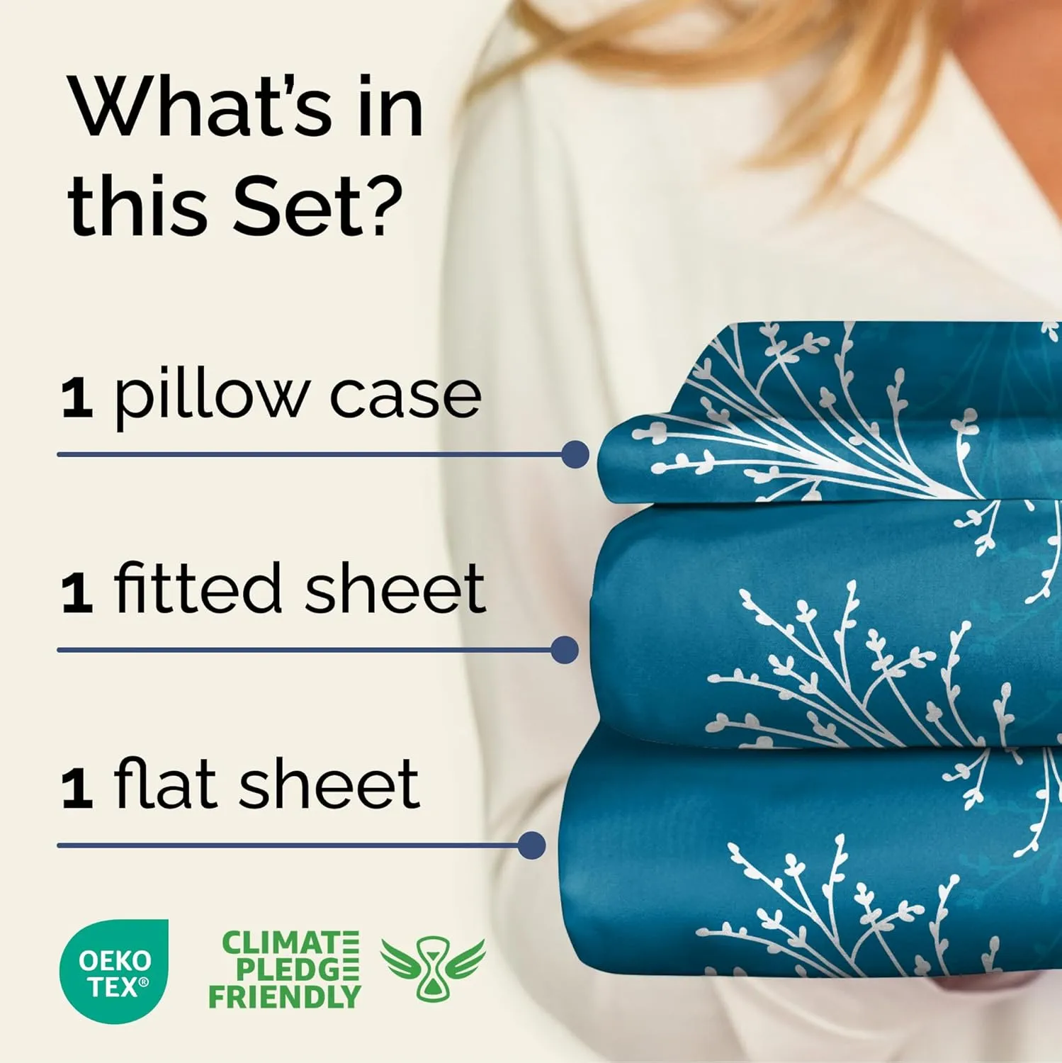 Blue & White Floral Sheets 3 Piece Twin Set – 1 Flat & 1 Fitted Sheet & 1 Pillowcase w/Deep Pockets – Wrinkle & Fade Free Boho Botanical Bed Set - Comfy, Ultra-Soft, Breathable & Cooling - Sea Spray