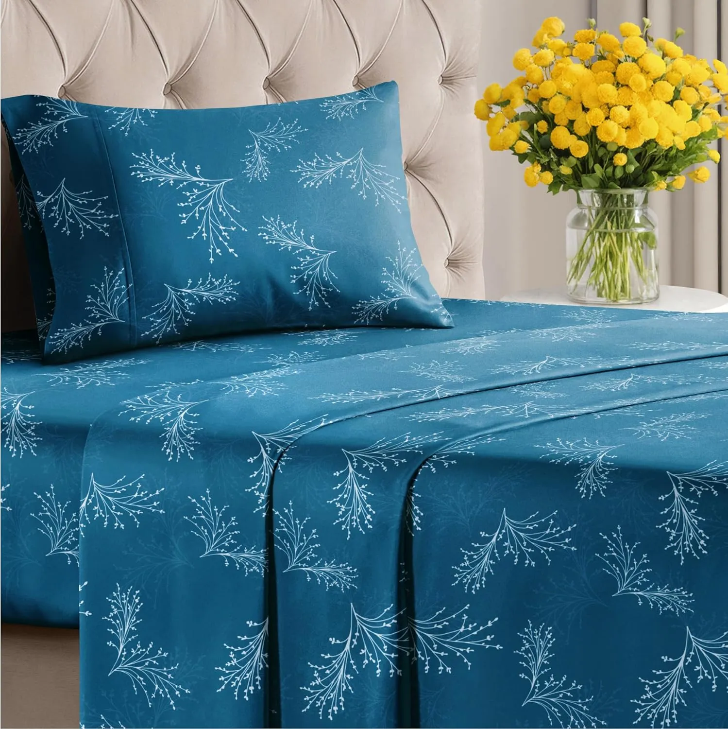 Blue & White Floral Sheets 3 Piece Twin Set – 1 Flat & 1 Fitted Sheet & 1 Pillowcase w/Deep Pockets – Wrinkle & Fade Free Boho Botanical Bed Set - Comfy, Ultra-Soft, Breathable & Cooling - Sea Spray