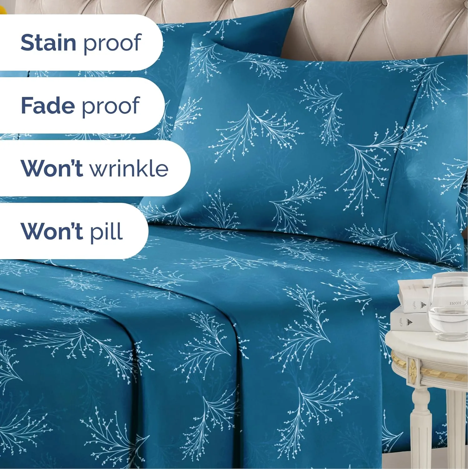 Blue & White Floral Sheets 3 Piece Twin Set – 1 Flat & 1 Fitted Sheet & 1 Pillowcase w/Deep Pockets – Wrinkle & Fade Free Boho Botanical Bed Set - Comfy, Ultra-Soft, Breathable & Cooling - Sea Spray