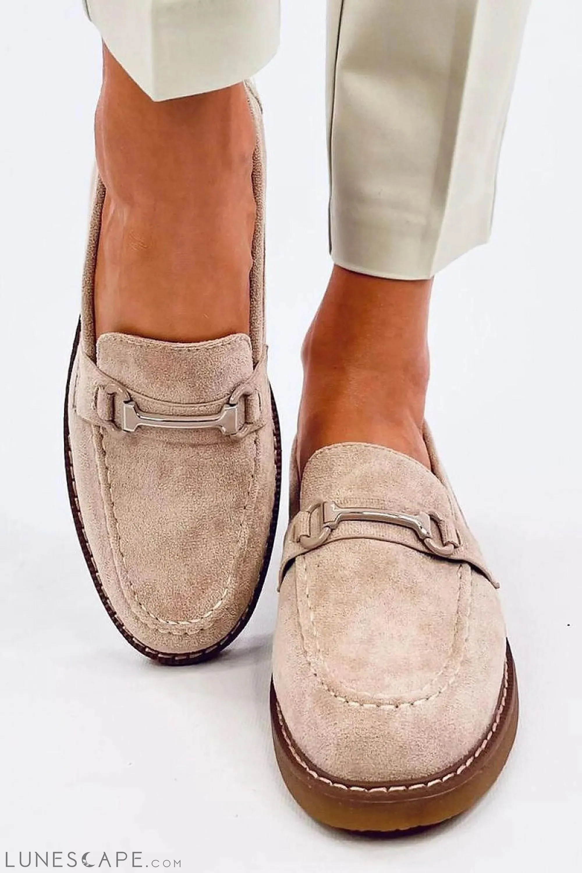 Blush Eco-Suede Loafers for Women – Almond Toe with Silver Horsebit Accent