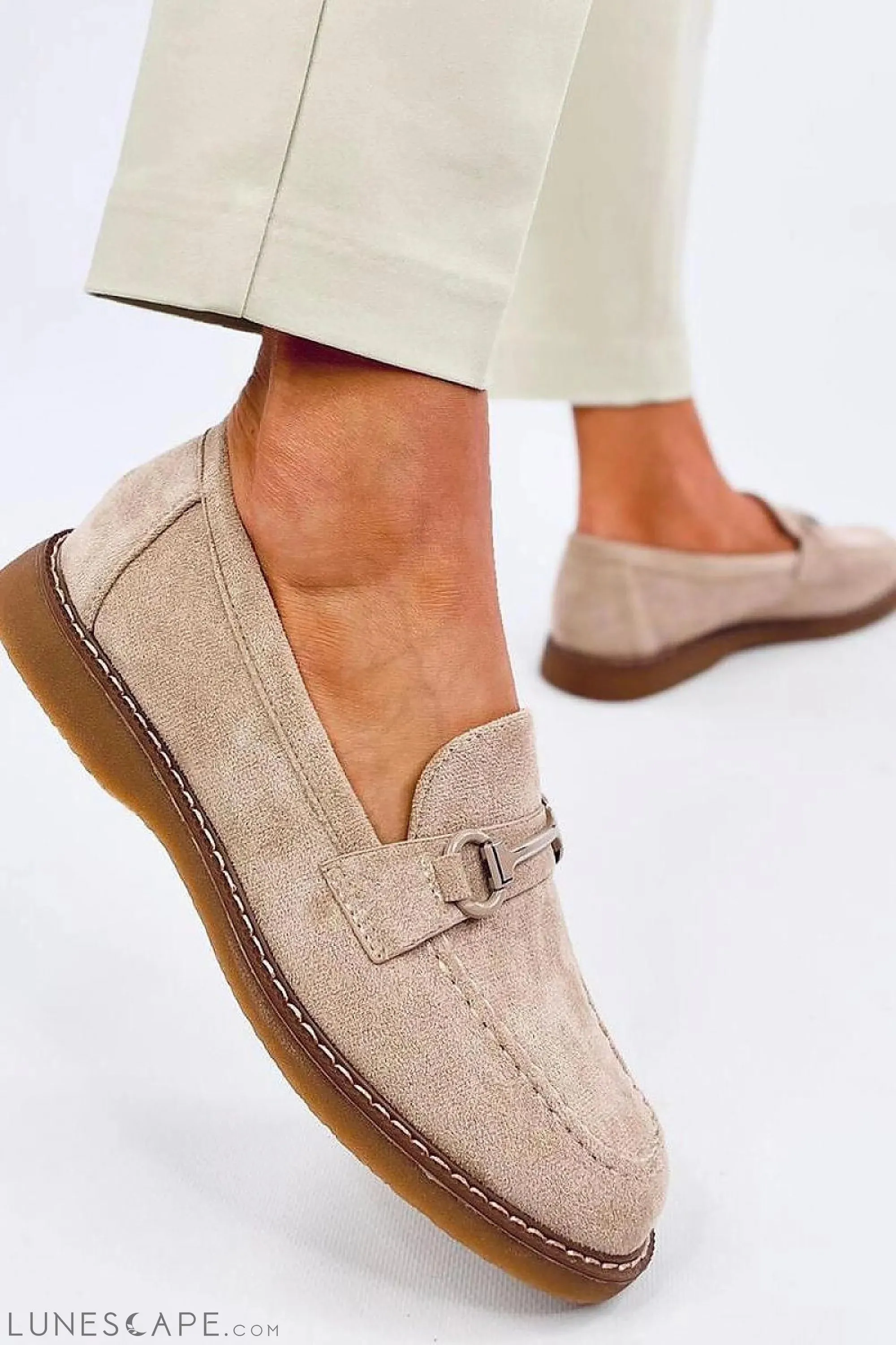 Blush Eco-Suede Loafers for Women – Almond Toe with Silver Horsebit Accent
