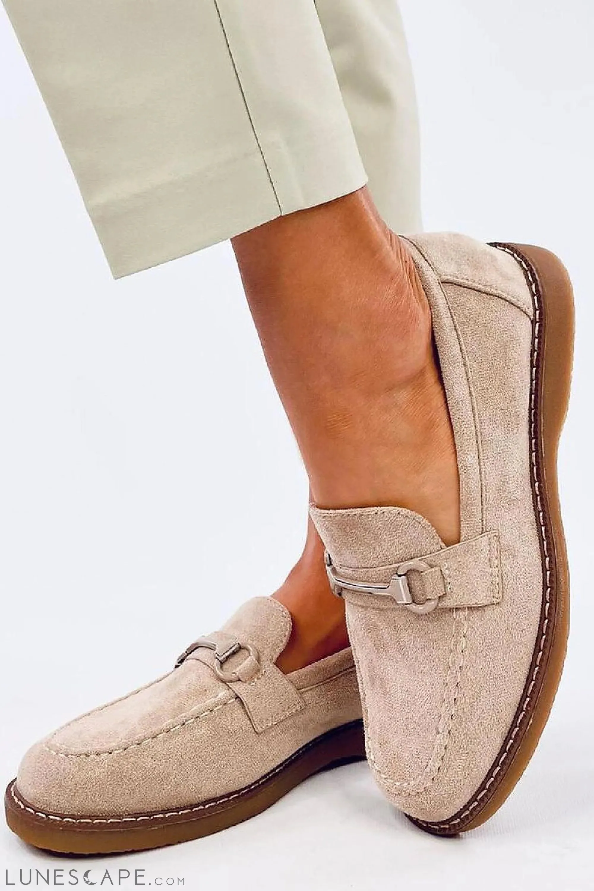 Blush Eco-Suede Loafers for Women – Almond Toe with Silver Horsebit Accent