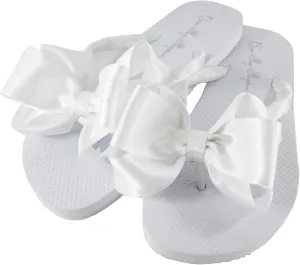 Bow Flip Flops White Satin, Flat No Heel, Wedding Bridal or Formal Sandals