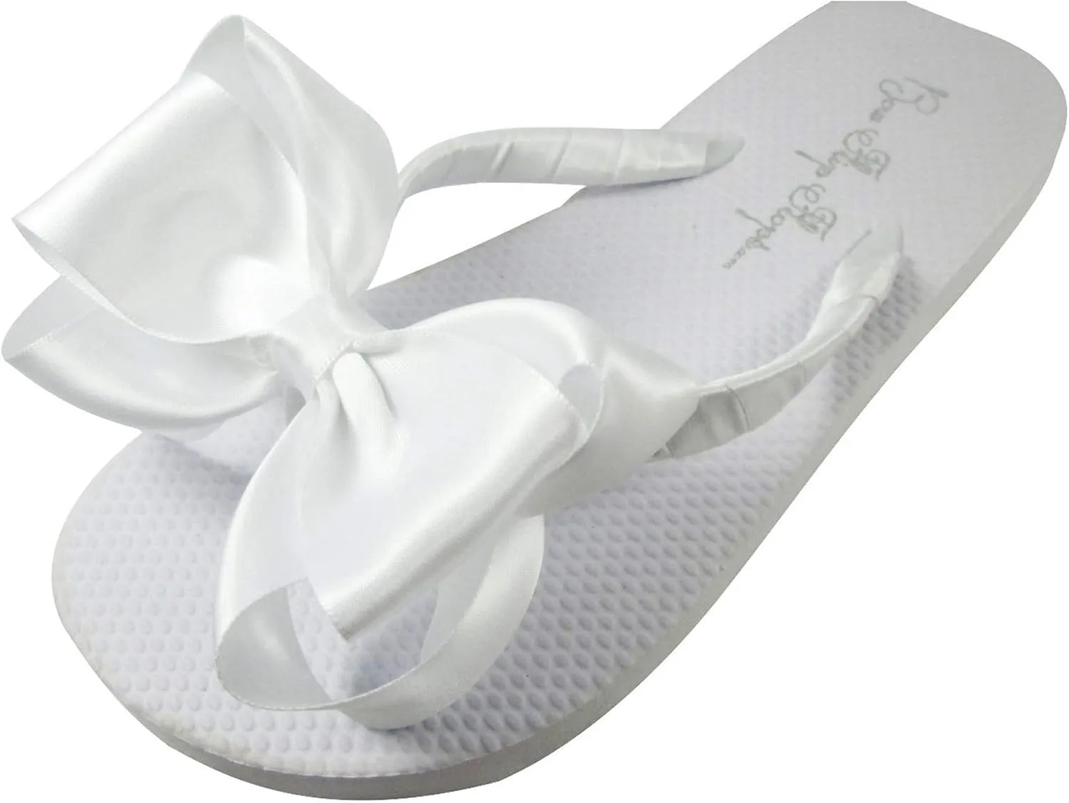 Bow Flip Flops White Satin, Flat No Heel, Wedding Bridal or Formal Sandals