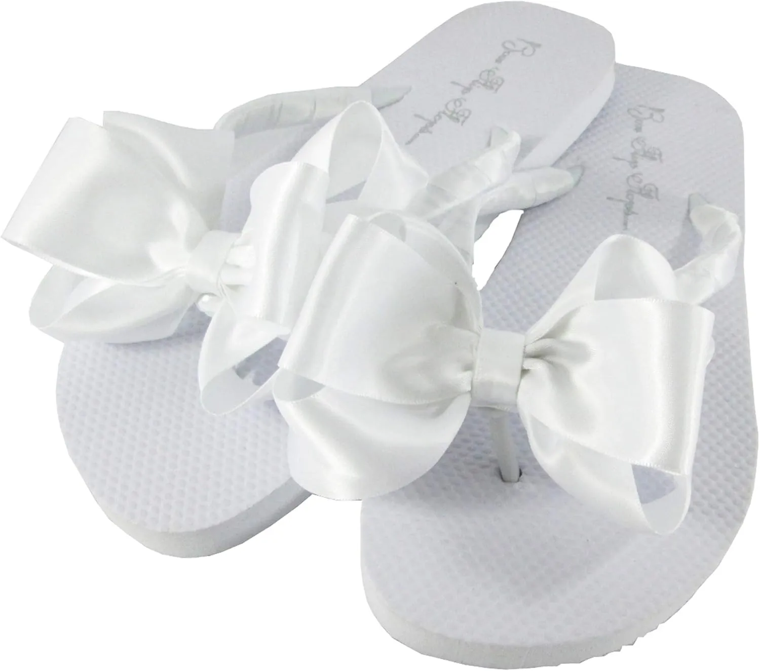 Bow Flip Flops White Satin, Flat No Heel, Wedding Bridal or Formal Sandals