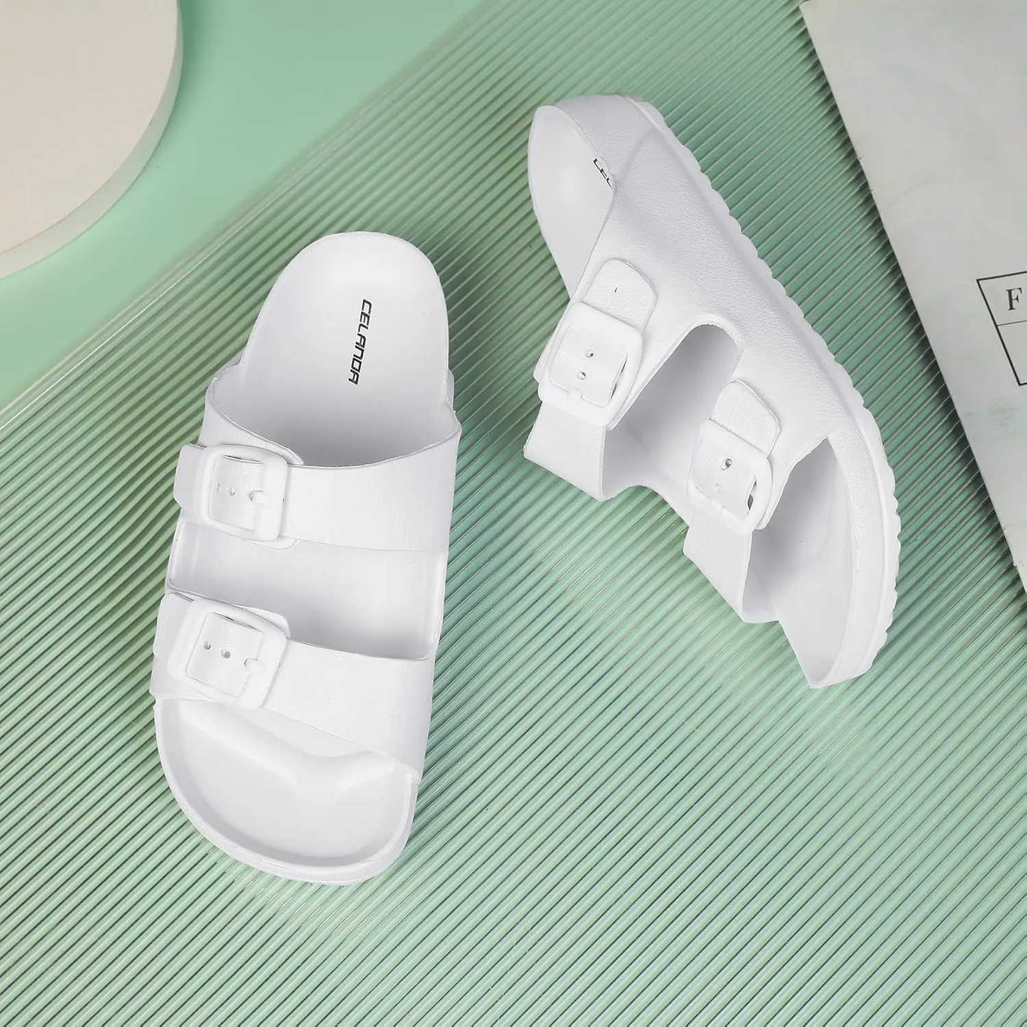 Boys Girls Double Buckle Slip on Slide Kid Beach Sandals Adjustable EVA Summer Pool Shower Shoes Indoor Outdoor Slippers