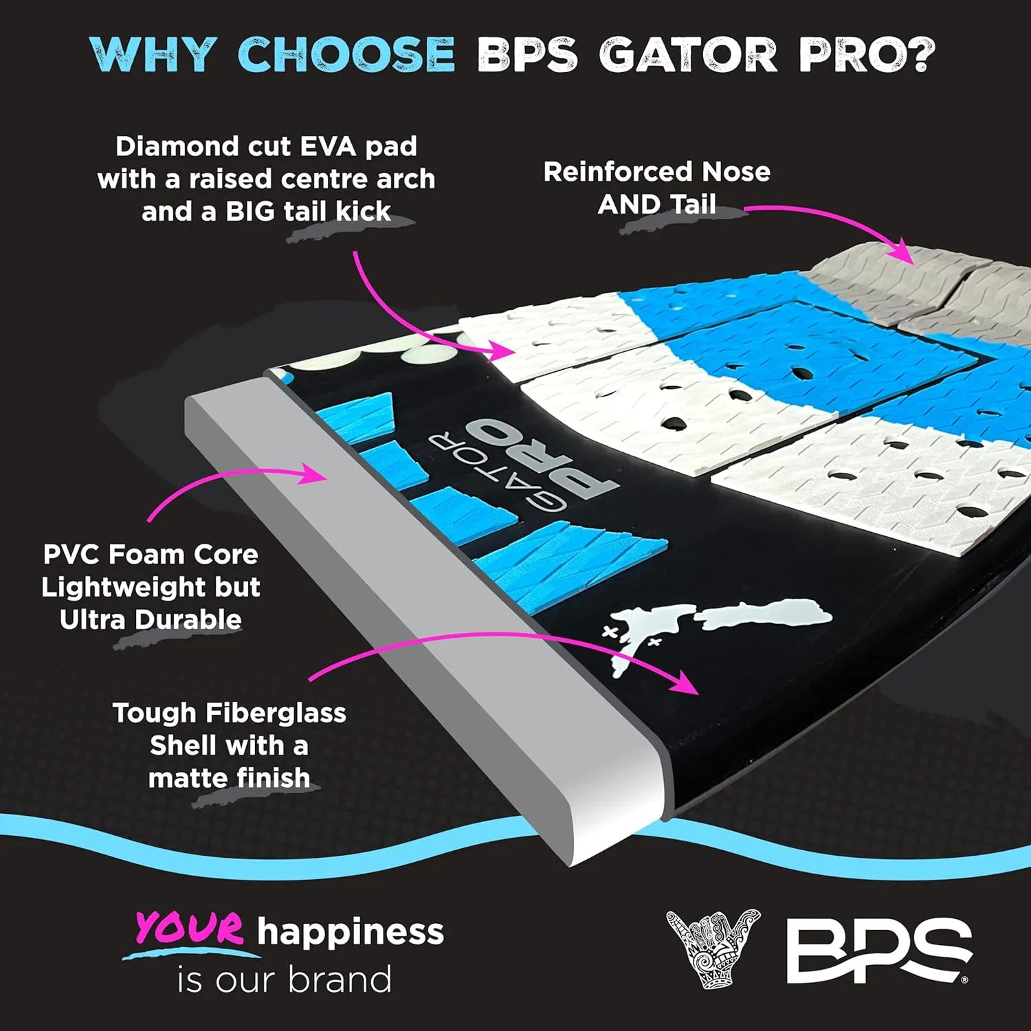BPS New Zealand ‘Gator PRO’ High Performance Fiberglass Skimboard with Padded Carry Bag Made from Recycled Plastics Performance Skimboard with Custom Traction Pads for Kids Adults Choose from 3 Sizes