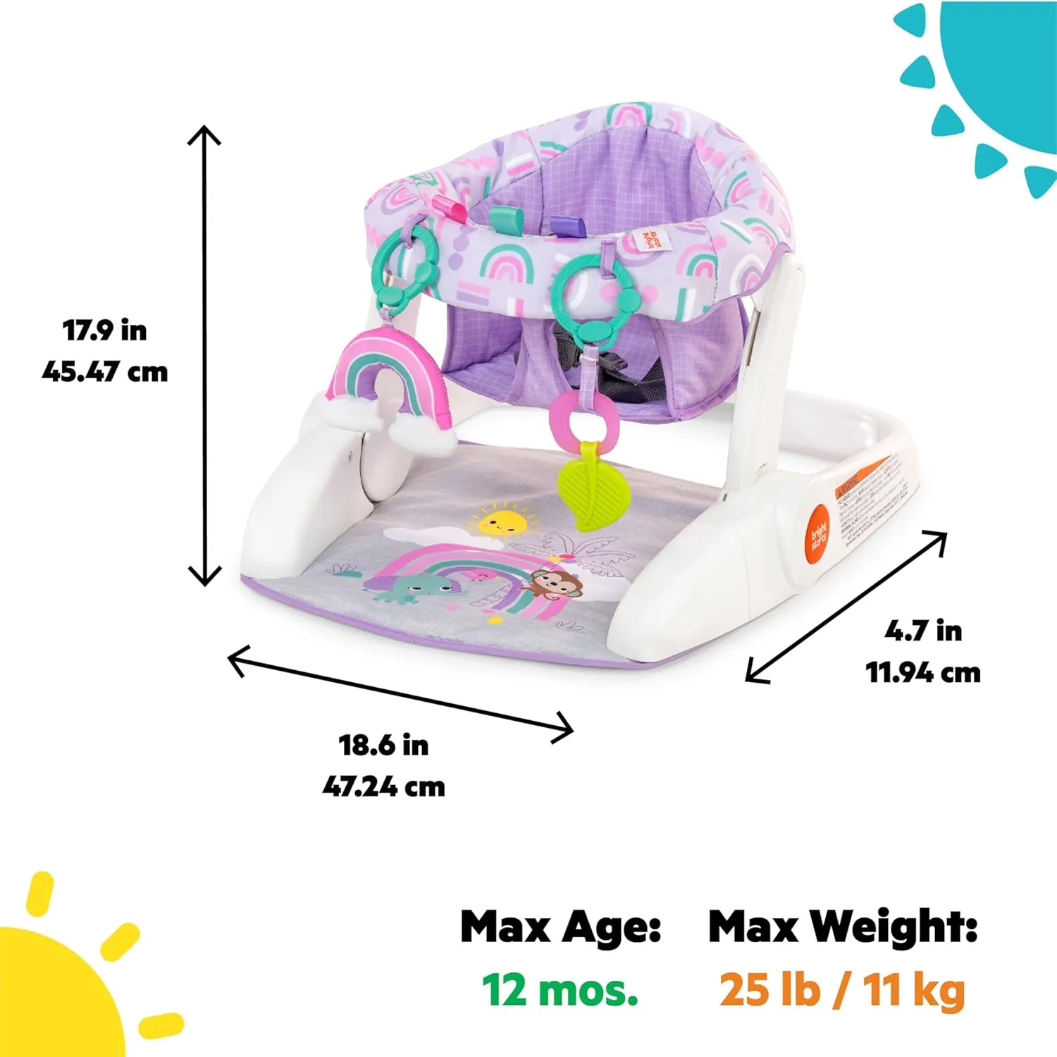 Bright Starts Learn-to-Sit 2-Position Baby Floor Seat with Toys, Unisex, 4-12 Months, Purple Paradise