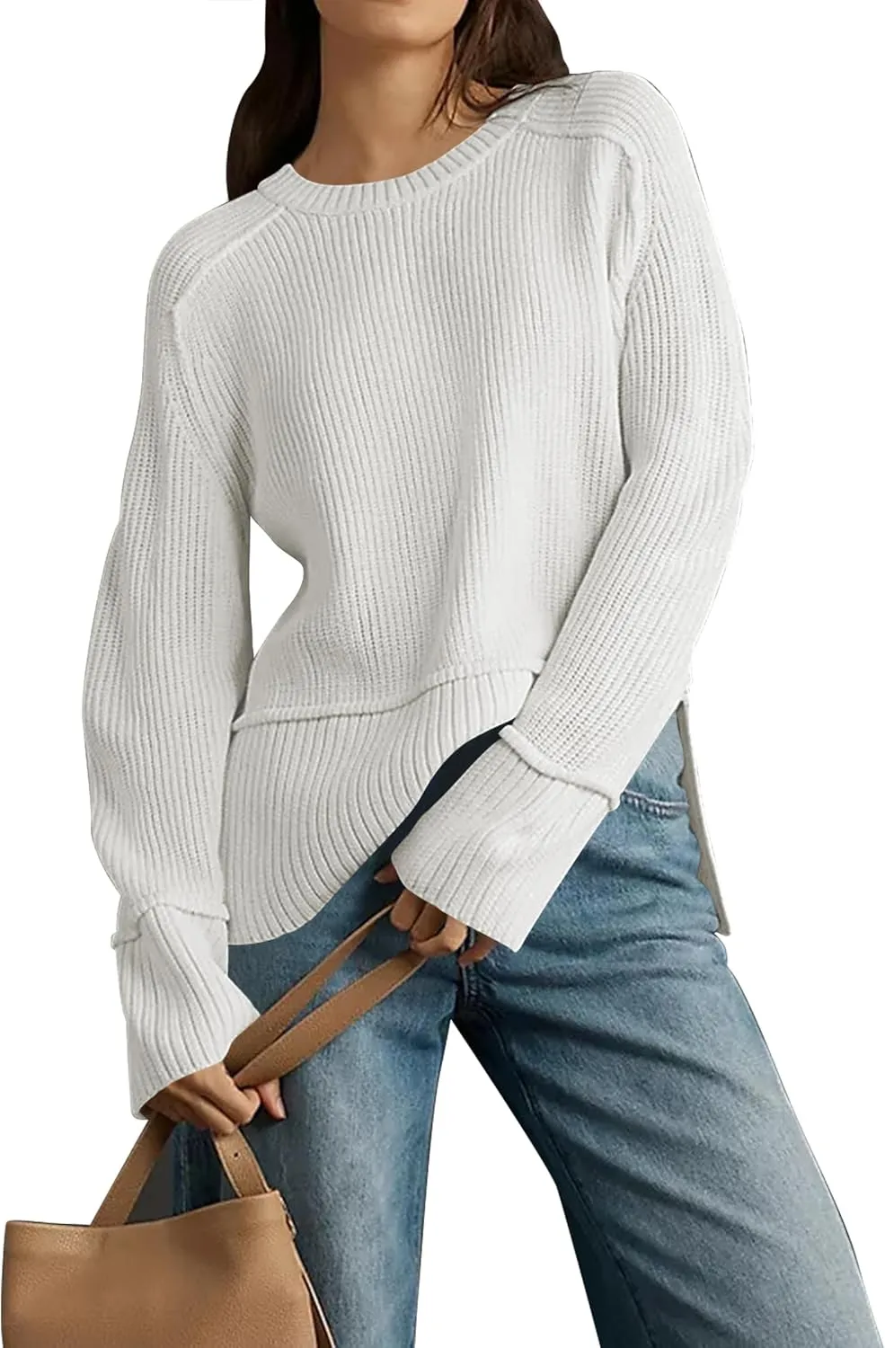 Cakulo Womens Fall 2025 Knit Crew Neck Pullover Sweaters Oversized Long Sleeve Split Casual Winter Ribbed Sweater