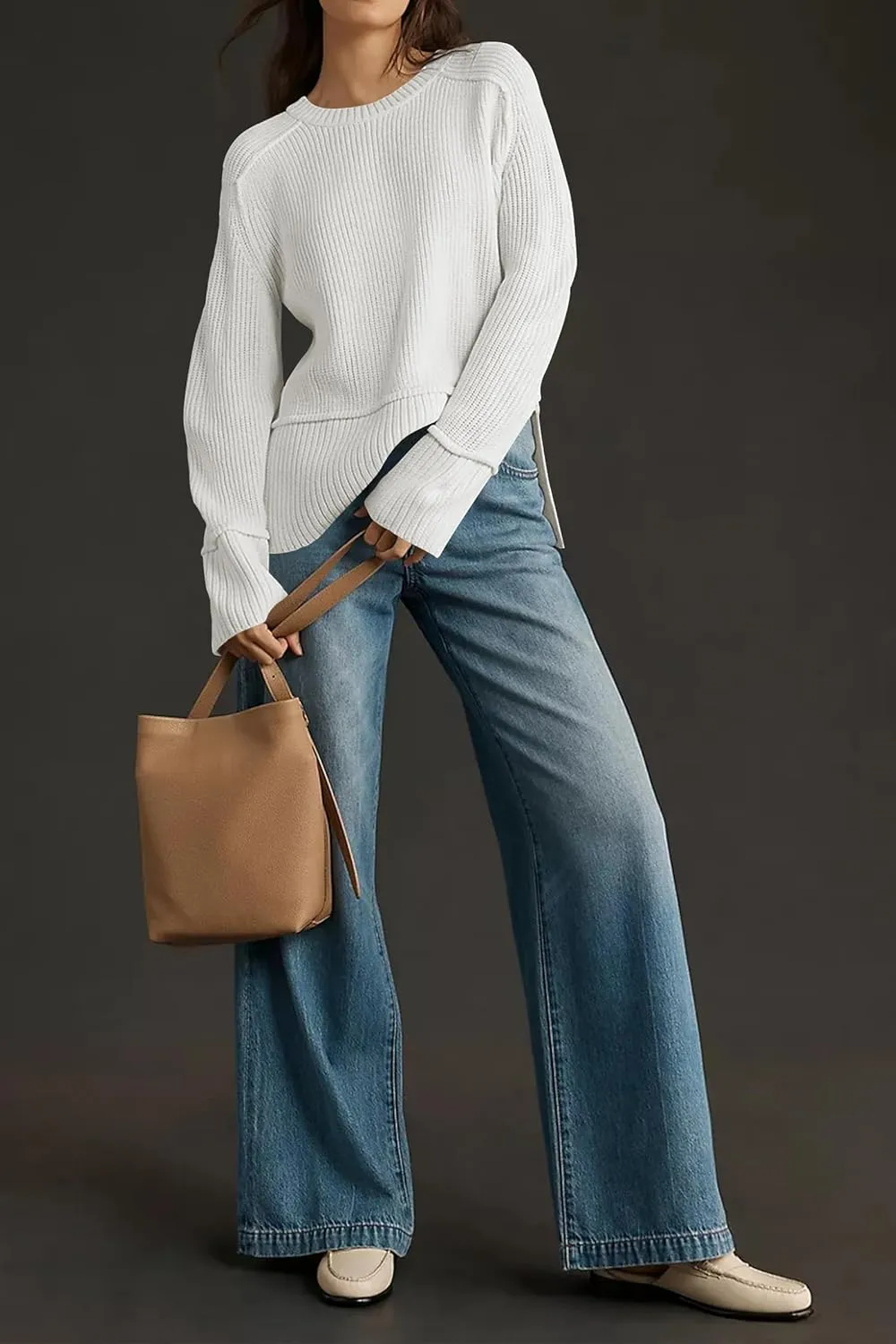 Cakulo Womens Fall 2025 Knit Crew Neck Pullover Sweaters Oversized Long Sleeve Split Casual Winter Ribbed Sweater