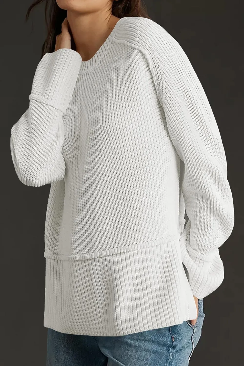 Cakulo Womens Fall 2025 Knit Crew Neck Pullover Sweaters Oversized Long Sleeve Split Casual Winter Ribbed Sweater