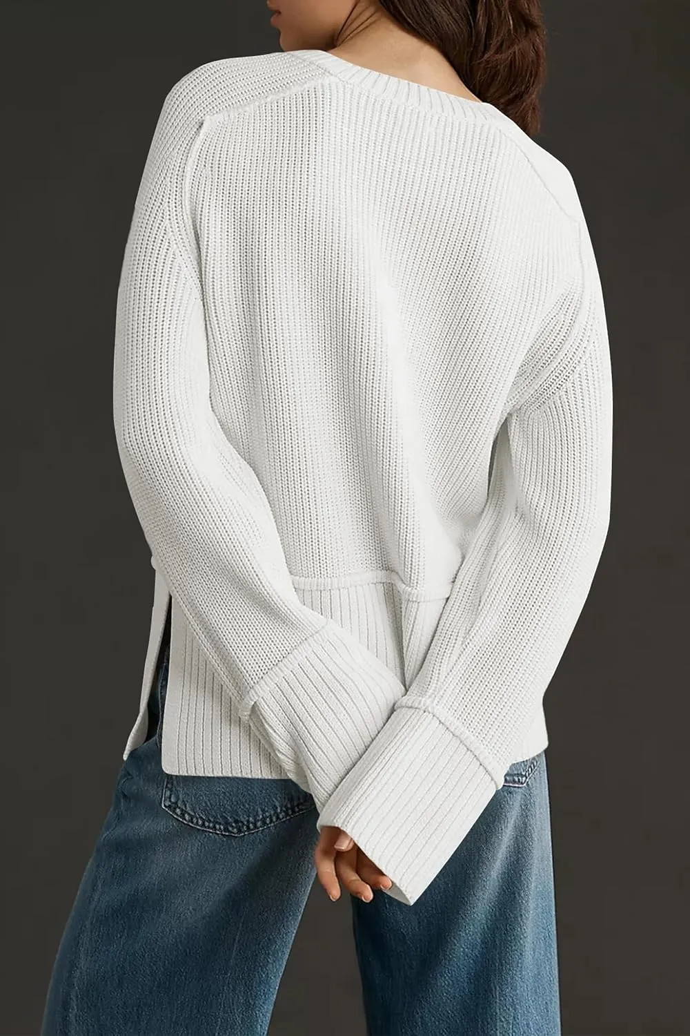Cakulo Womens Fall 2025 Knit Crew Neck Pullover Sweaters Oversized Long Sleeve Split Casual Winter Ribbed Sweater