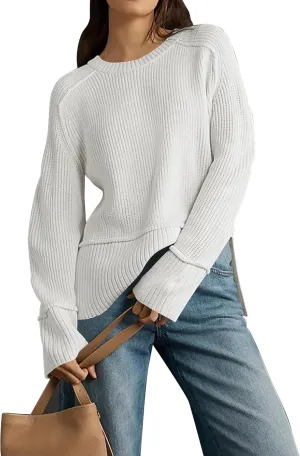 Cakulo Womens Fall 2025 Knit Crew Neck Pullover Sweaters Oversized Long Sleeve Split Casual Winter Ribbed Sweater