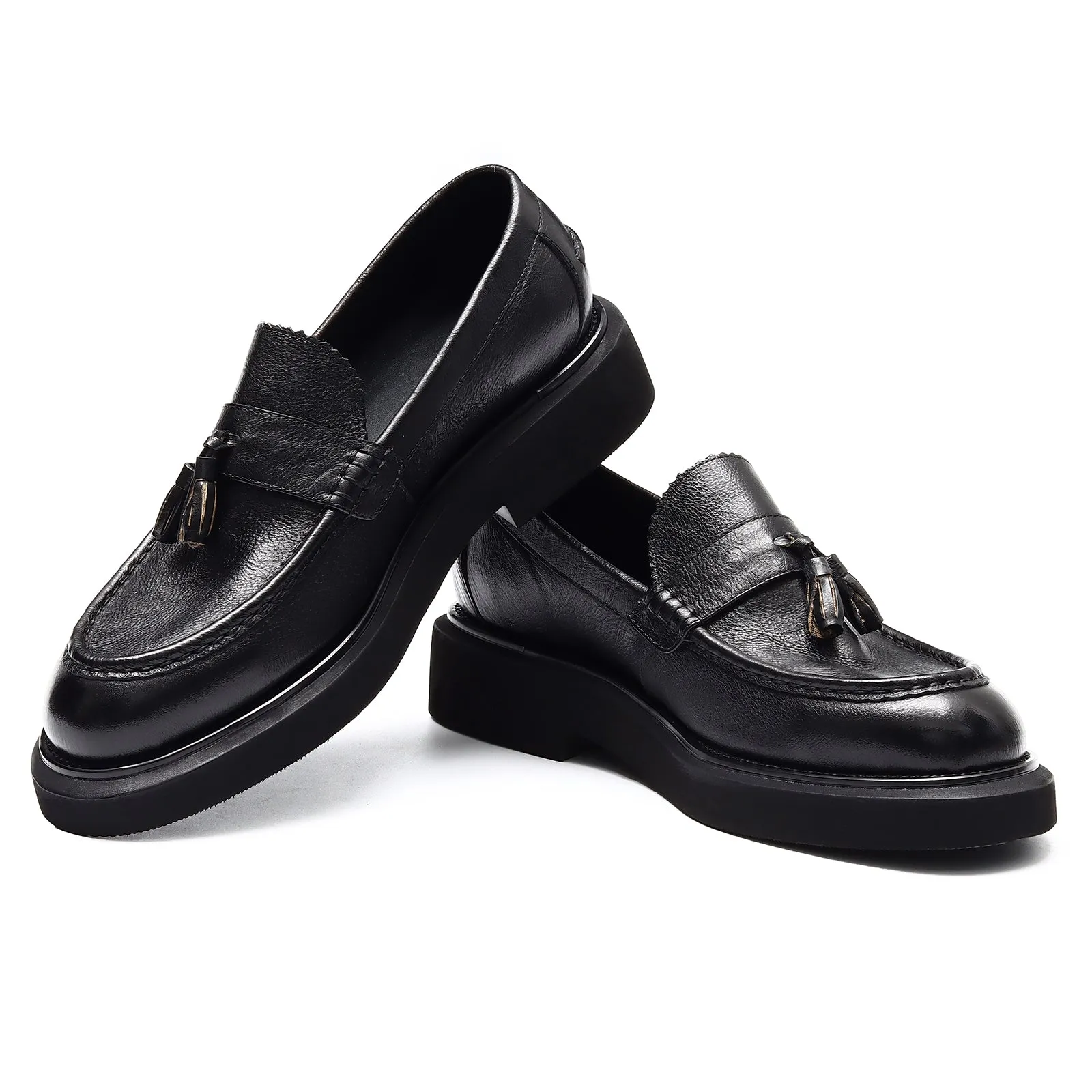 Calf Leather Tassel Loafers Shoes for Men Brushed Leather