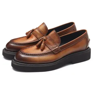 Calf Leather Tassel Loafers Shoes for Men Brushed Leather