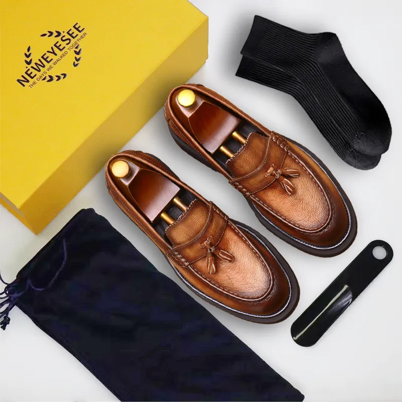 Calf Leather Tassel Loafers Shoes for Men Brushed Leather