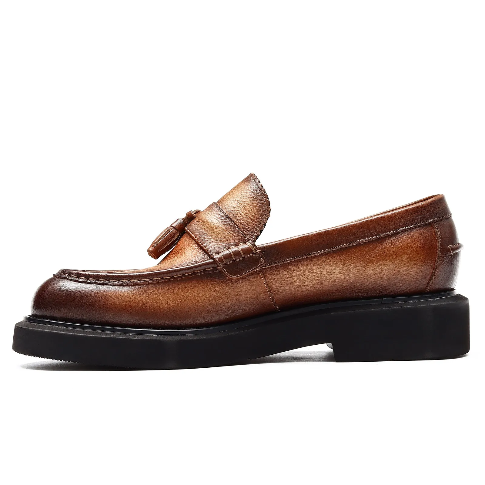 Calf Leather Tassel Loafers Shoes for Men Brushed Leather