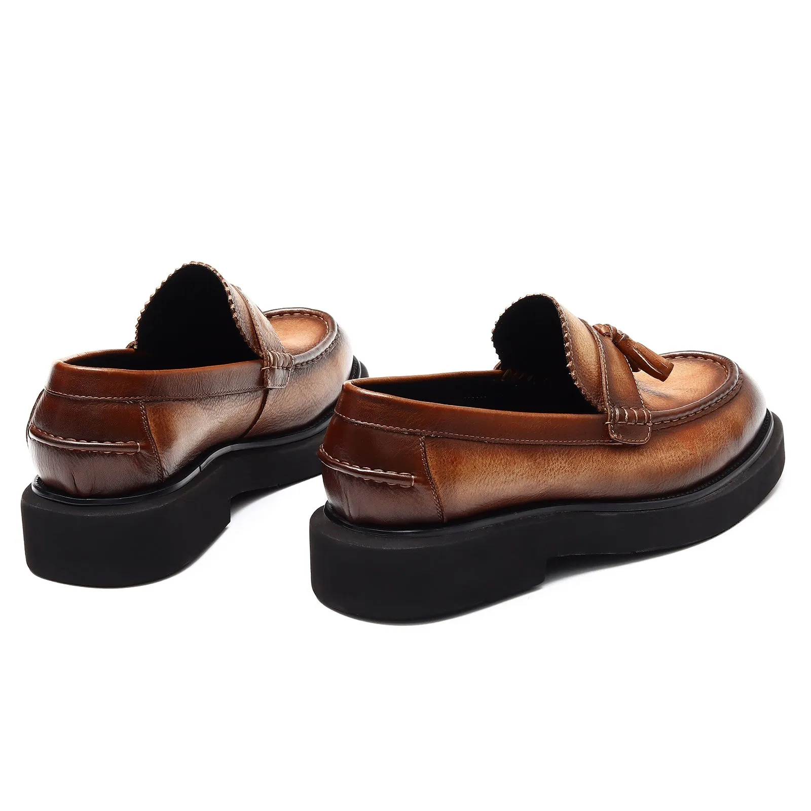 Calf Leather Tassel Loafers Shoes for Men Brushed Leather