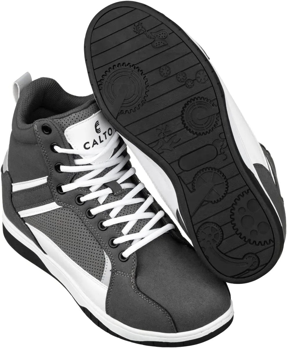 CALTO Men's Invisible Height Increasing Elevator Trainer Shoes - Grey/White Lace-up Fashion High-Top Sneakers - 3.2 Inches Taller - S3721 - Size 8 D(M) US