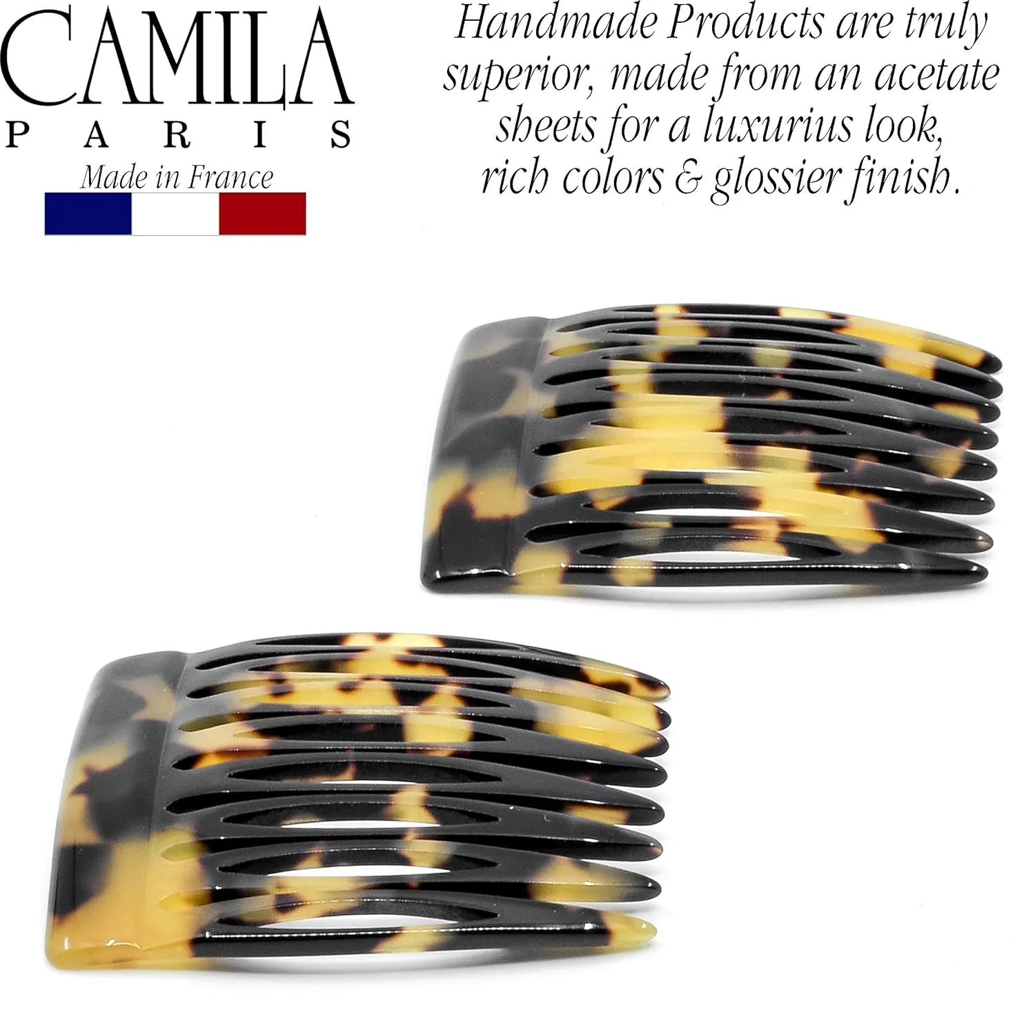 Camila Paris CP2008/2 French Hair Side Comb Handmade Small Tokyo French Twist Hair Combs Decorative, Strong Hold Hair Clips for Women Bun Chignon Up-Do Styling Girls Hair Accessories, Made in France