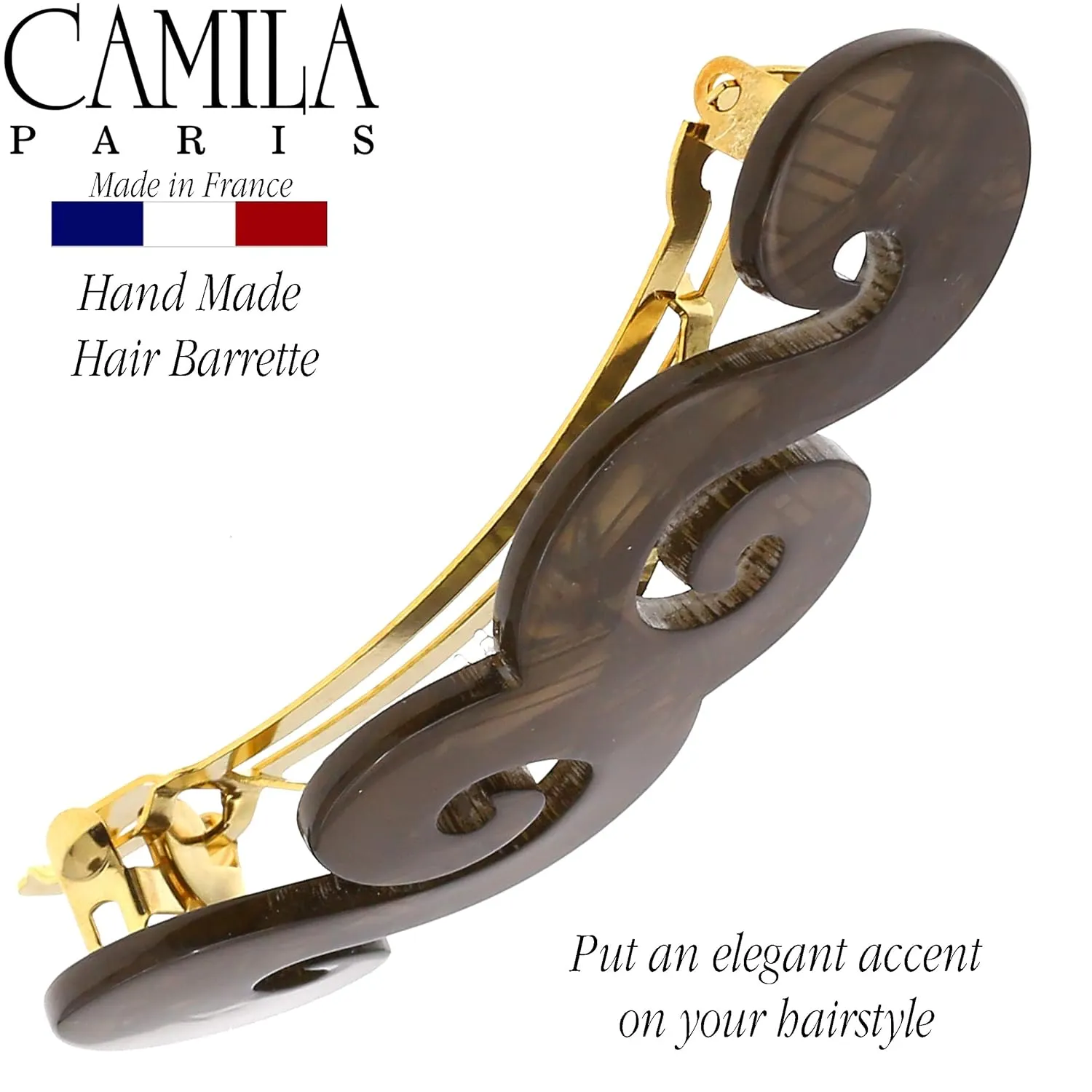 Camila Paris CP3170 French Hair Barrette Clip for Girls, Handmade, Brown, Gold Metal Clasp Strong Hold Grip Hair Clips for Women, No Slip and Durable Styling Girls Hair Accessories, Made in France