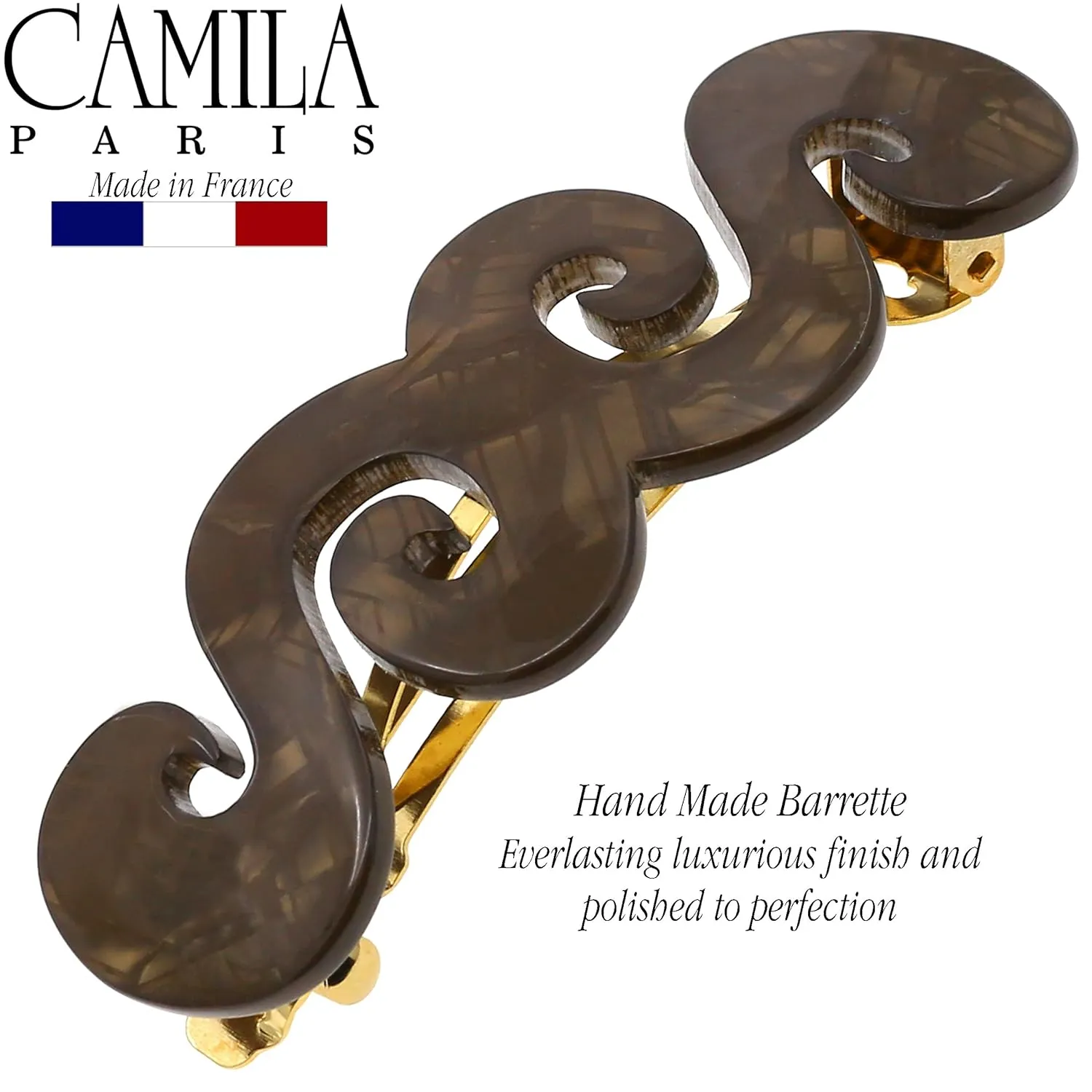Camila Paris CP3170 French Hair Barrette Clip for Girls, Handmade, Brown, Gold Metal Clasp Strong Hold Grip Hair Clips for Women, No Slip and Durable Styling Girls Hair Accessories, Made in France