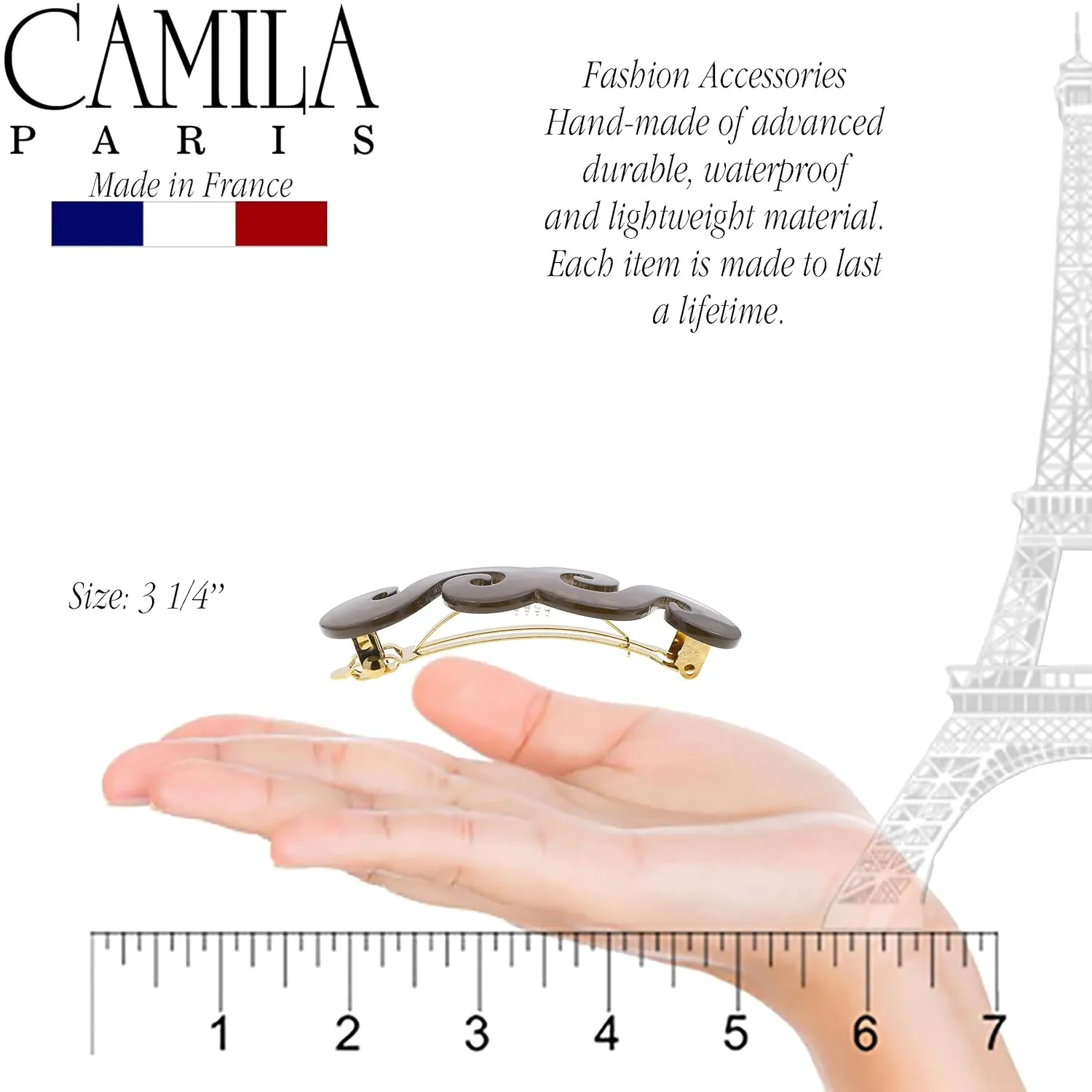 Camila Paris CP3170 French Hair Barrette Clip for Girls, Handmade, Brown, Gold Metal Clasp Strong Hold Grip Hair Clips for Women, No Slip and Durable Styling Girls Hair Accessories, Made in France