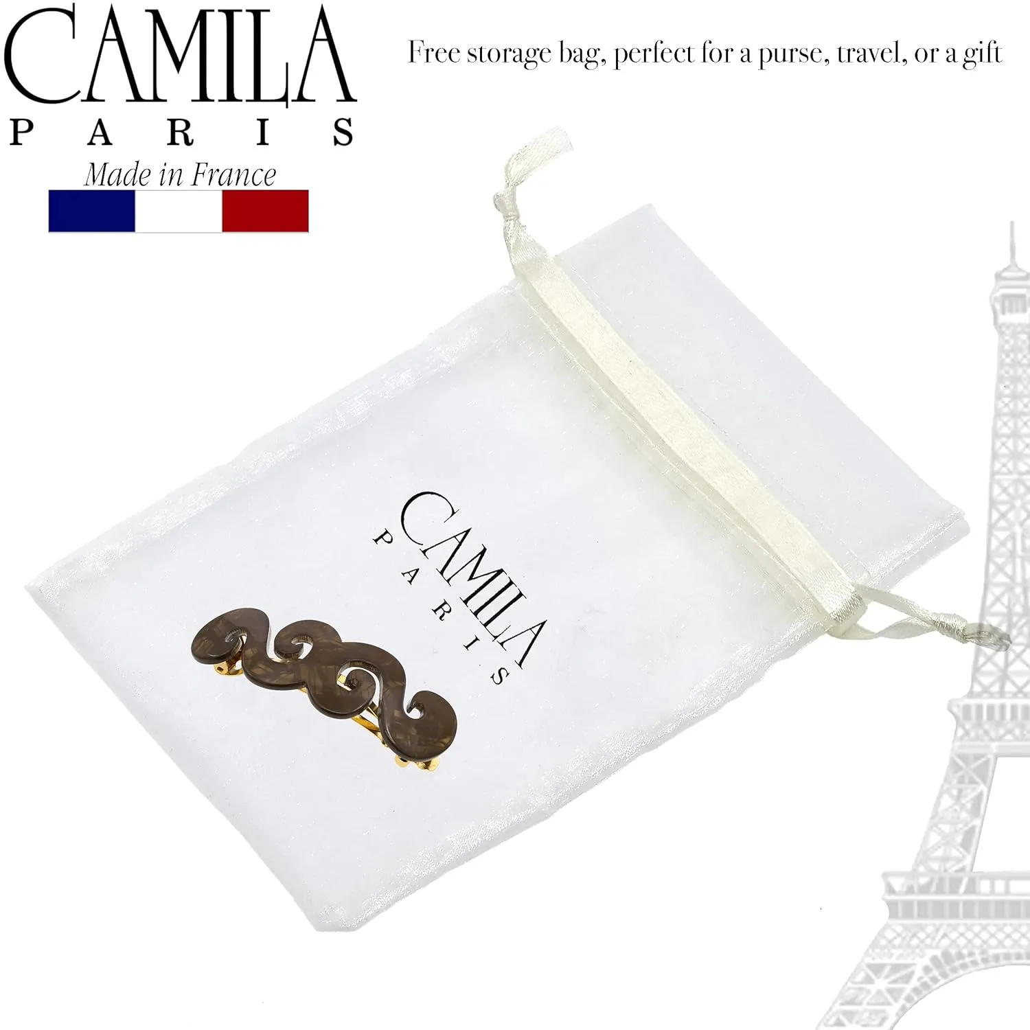 Camila Paris CP3170 French Hair Barrette Clip for Girls, Handmade, Brown, Gold Metal Clasp Strong Hold Grip Hair Clips for Women, No Slip and Durable Styling Girls Hair Accessories, Made in France