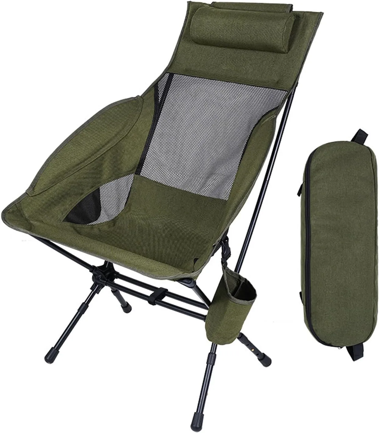 Camping Chairs Portable Folding Reclining with Cup Holder for Outdoor Fishing Hiking Picnic Beach-Green