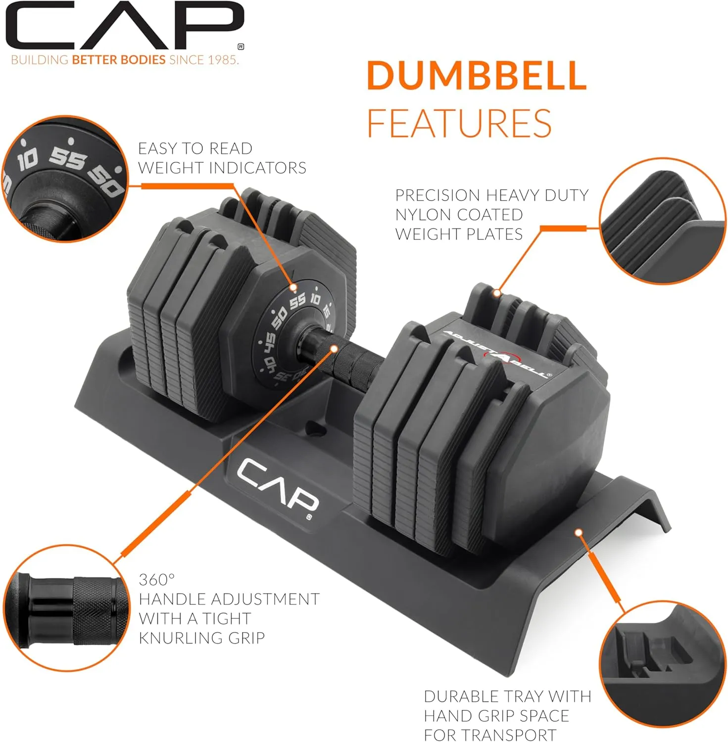 CAP Barbell ADJUSTABELL Adjustable 55 lb Hex Dumbbell Weights - Singles & Pairs | Multiple Handle Options