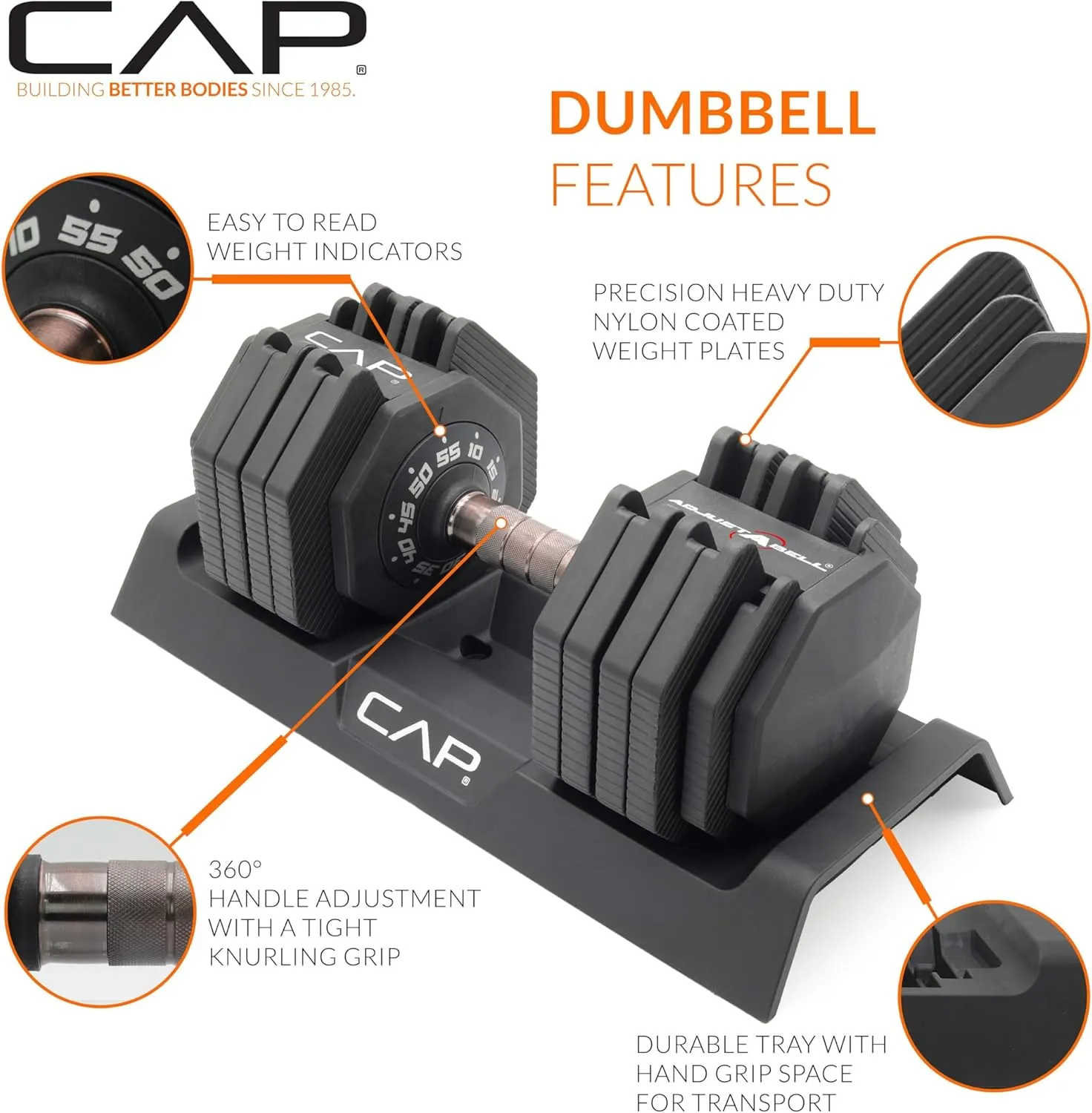 CAP Barbell ADJUSTABELL Adjustable 55 lb Hex Dumbbell Weights - Singles & Pairs | Multiple Handle Options