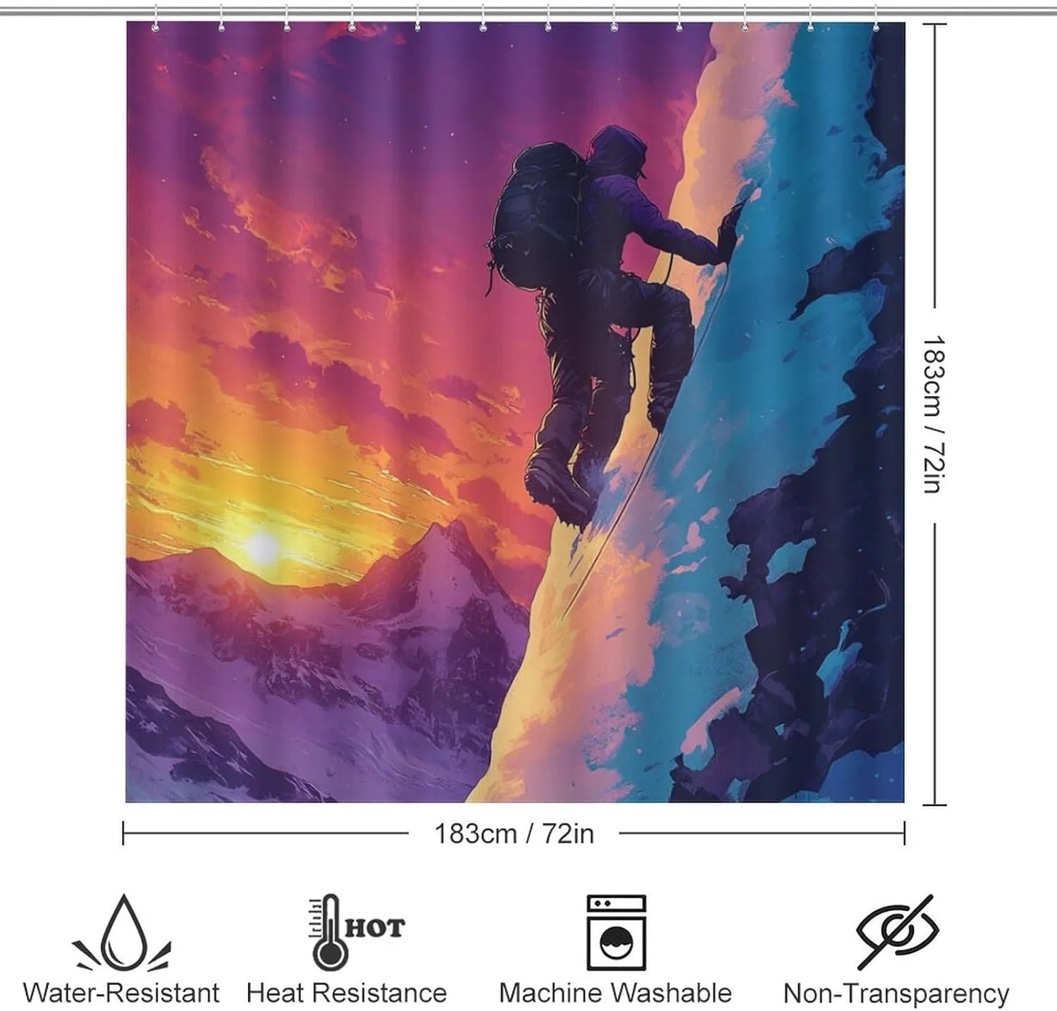 Cartoon Athlete 4 Pcs Shower Curtain Set, Non Slip Rug Toilet Lid Cover Bath Mat, Abstract Snow Mountain Climbing Bathroom Shower Decor Set Accessory, 72 x 72 Inch
