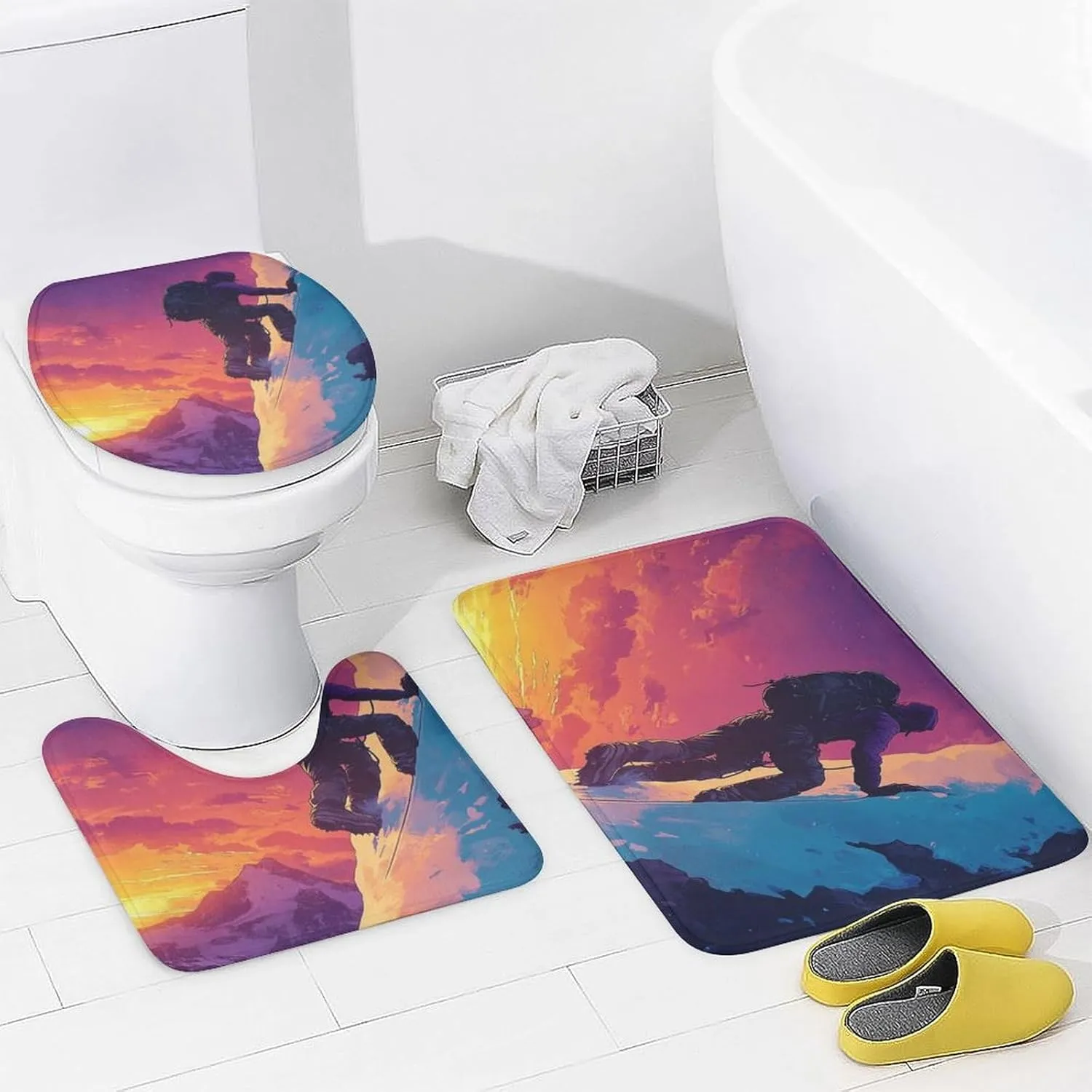 Cartoon Athlete 4 Pcs Shower Curtain Set, Non Slip Rug Toilet Lid Cover Bath Mat, Abstract Snow Mountain Climbing Bathroom Shower Decor Set Accessory, 72 x 72 Inch