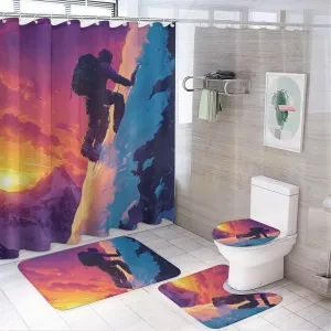 Cartoon Athlete 4 Pcs Shower Curtain Set, Non Slip Rug Toilet Lid Cover Bath Mat, Abstract Snow Mountain Climbing Bathroom Shower Decor Set Accessory, 72 x 72 Inch