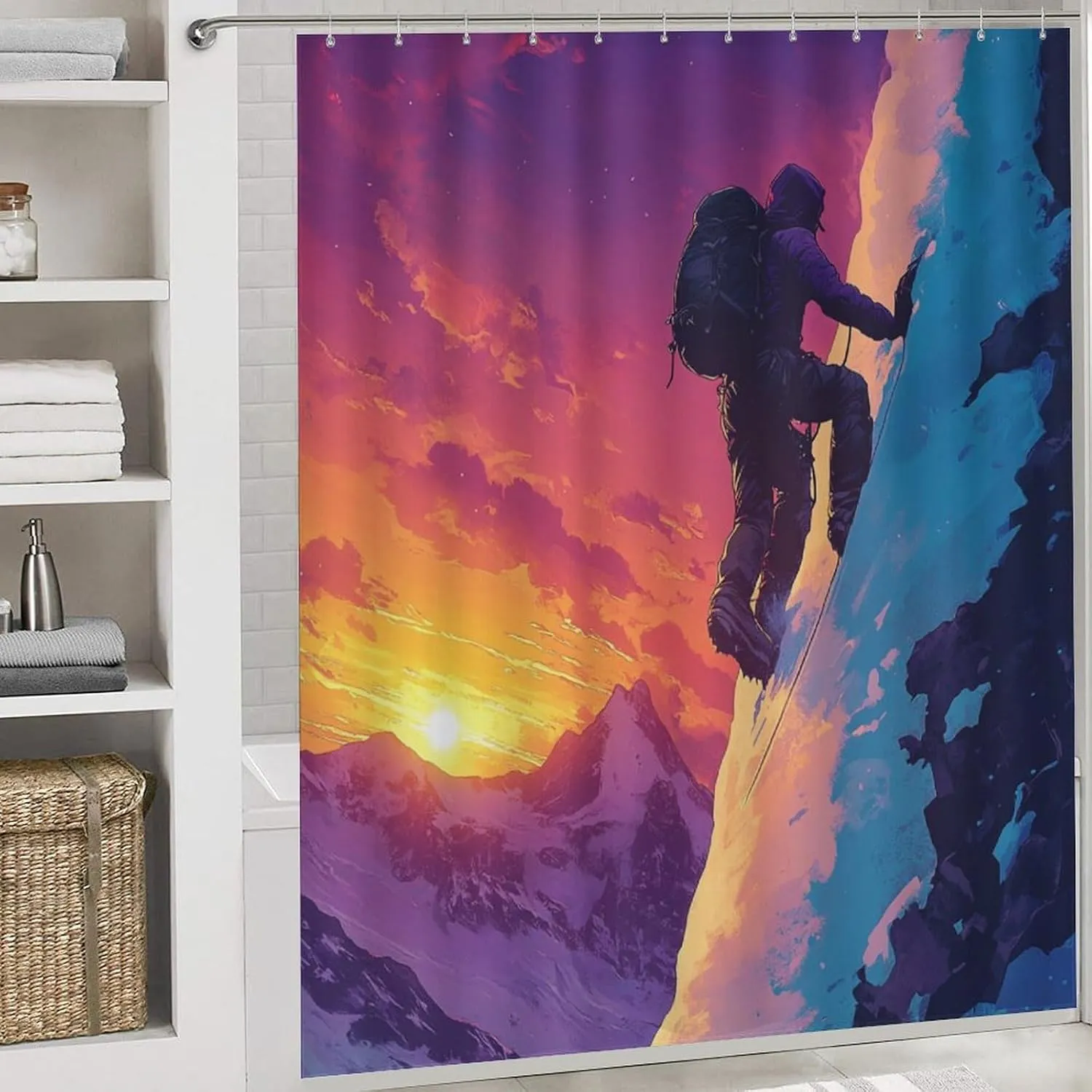 Cartoon Athlete 4 Pcs Shower Curtain Set, Non Slip Rug Toilet Lid Cover Bath Mat, Abstract Snow Mountain Climbing Bathroom Shower Decor Set Accessory, 72 x 72 Inch
