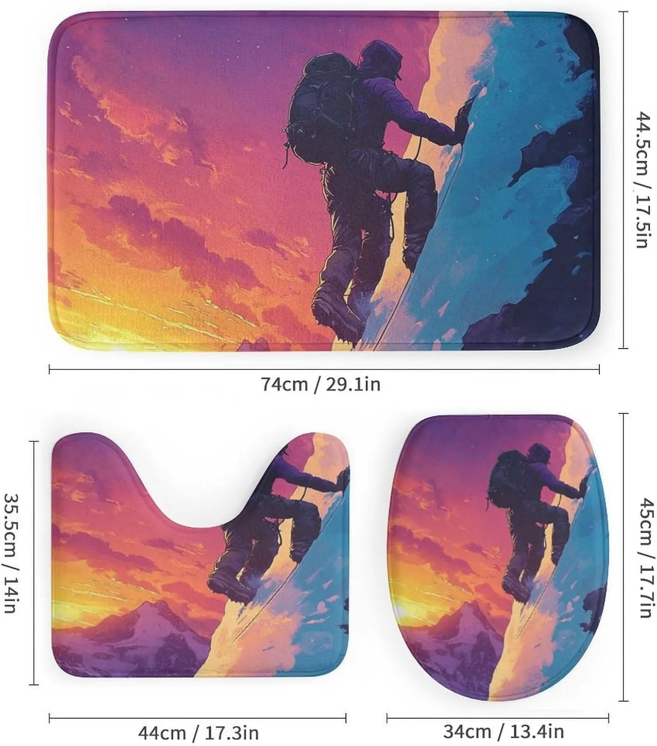 Cartoon Athlete 4 Pcs Shower Curtain Set, Non Slip Rug Toilet Lid Cover Bath Mat, Abstract Snow Mountain Climbing Bathroom Shower Decor Set Accessory, 72 x 72 Inch