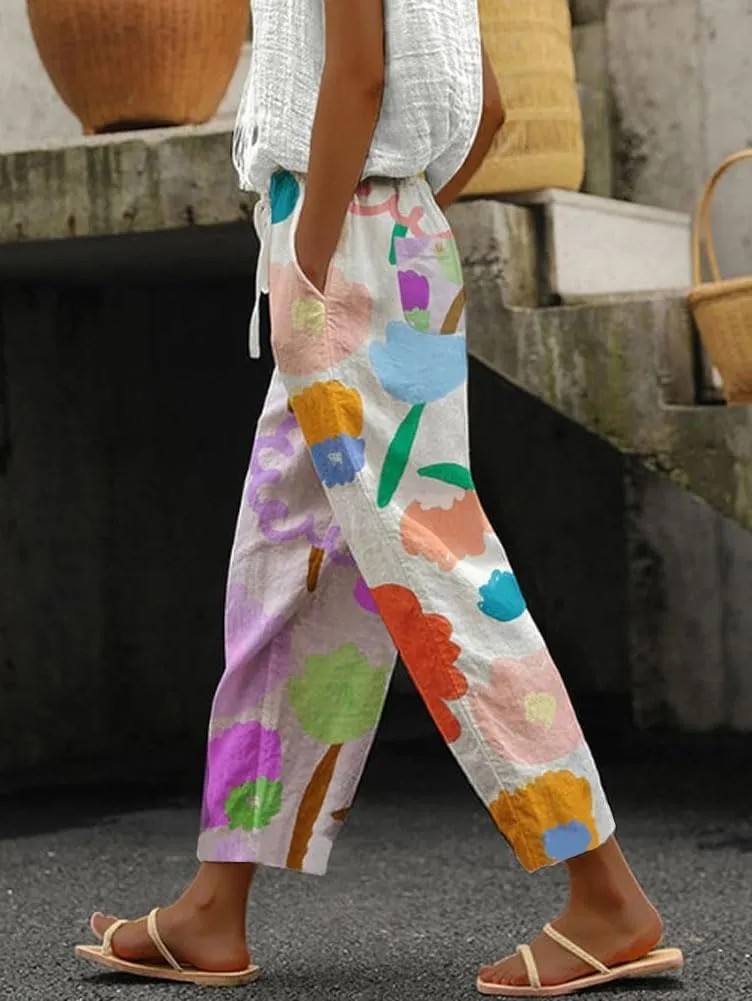 chouyatou Women's Vintage Floral Print High Elastic Waist Wide Leg Capri Beach Palazzo Pants with Pockets